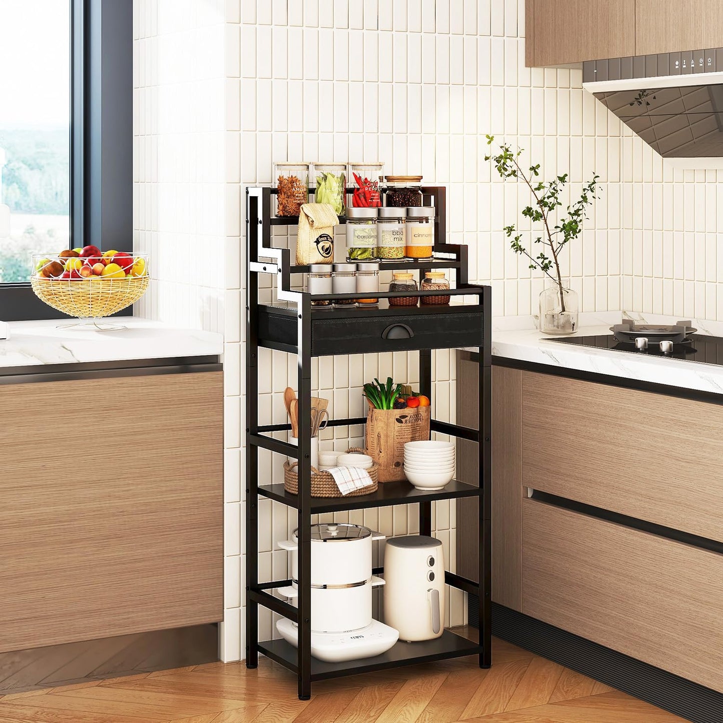 IBUYKE Stepped Wine Rack Freestanding Floor,Bar Cabinet with Drawer and Display Shelf for Whiskey,Corner Liquor Bottle Display Cabinet for Home,Living Room,Dining,Black UTMJ915B