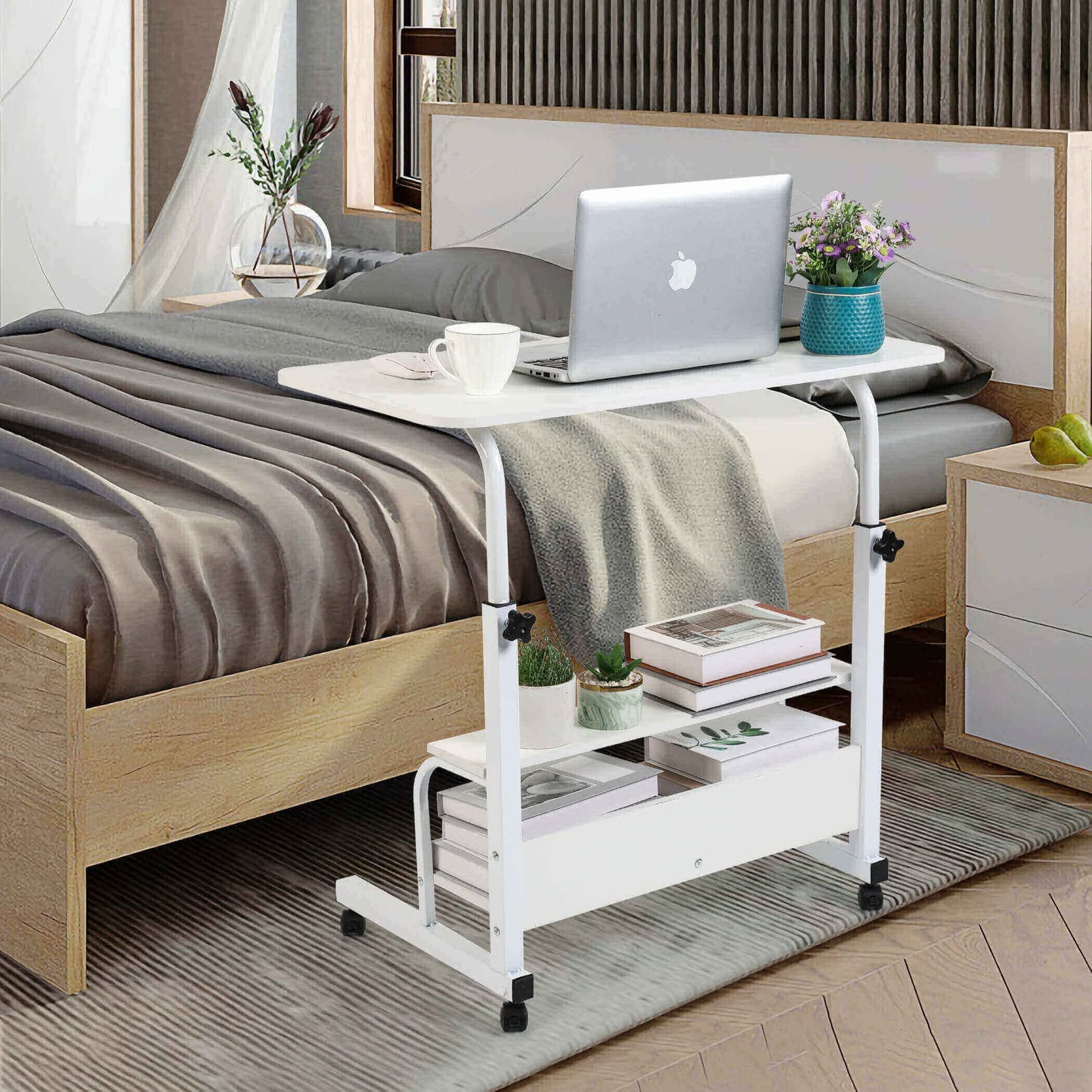 Fuwobriva Computer Desk Adjustable Home Office Bedside Small Spaces Storage Convenient Universal Movable Table Detachable Wheels Living Room Sofa Furniture Size 15.7 * 31.5 Inch,White