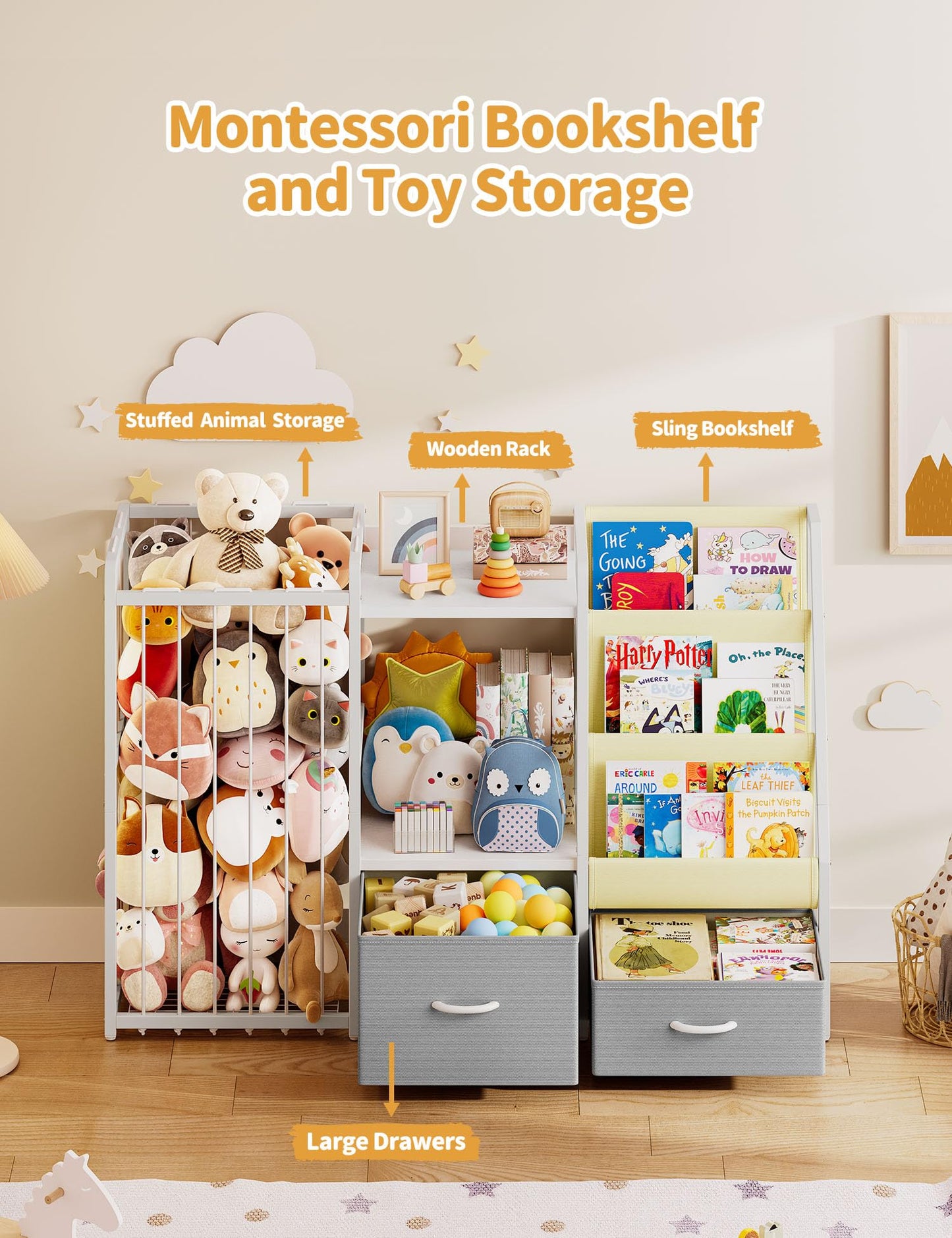 Twinkoo Kids Bookshelf and Toy Storage, Large 3 Tier Book Shelf for Kids Rooms, Sling Baby Bookcase with Stuffed Animal Storage, Toddler Montessori Bookshelf (Grey, 3 Column)