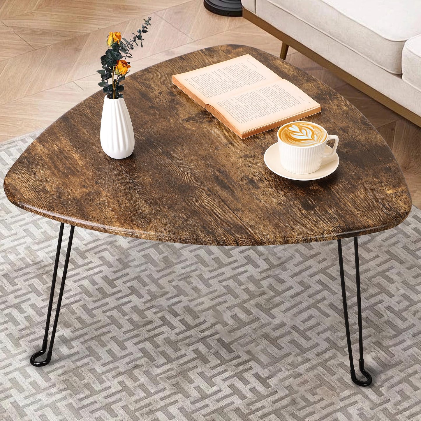 FEUFOAM Folding Coffee Table Triangle Designs Oval Coffee Tables Mid Century Wooden Triangular Accent Table with Metal Legs Foldable Industrial Sofa Center Table for Living Room Space Saving