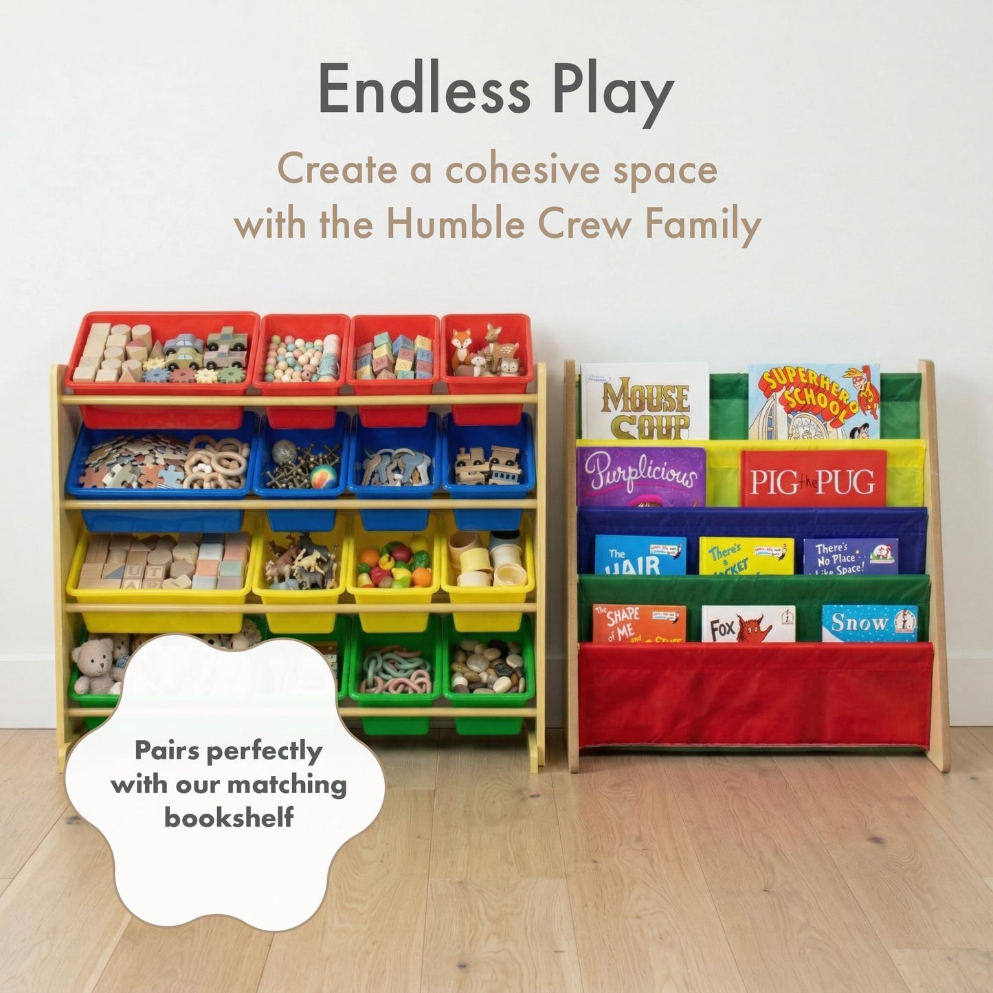 Humble Crew Toy Storage Organizer with 16 Removable Storage Bins for Kids Playroom, 4-Tier Toddler Toy Organization, Natural Wood/Primary