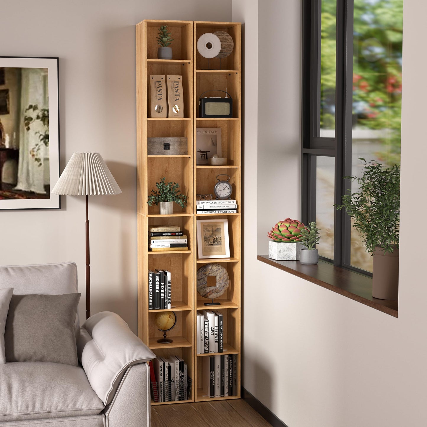NewBeth 8-Cube Storage Organizer Bookcase, Oak Tall Narrow Bookshelf, Freestanding Open Cubby Storage Shelf, Display Cabinet for Living Room Bedroom Home Office