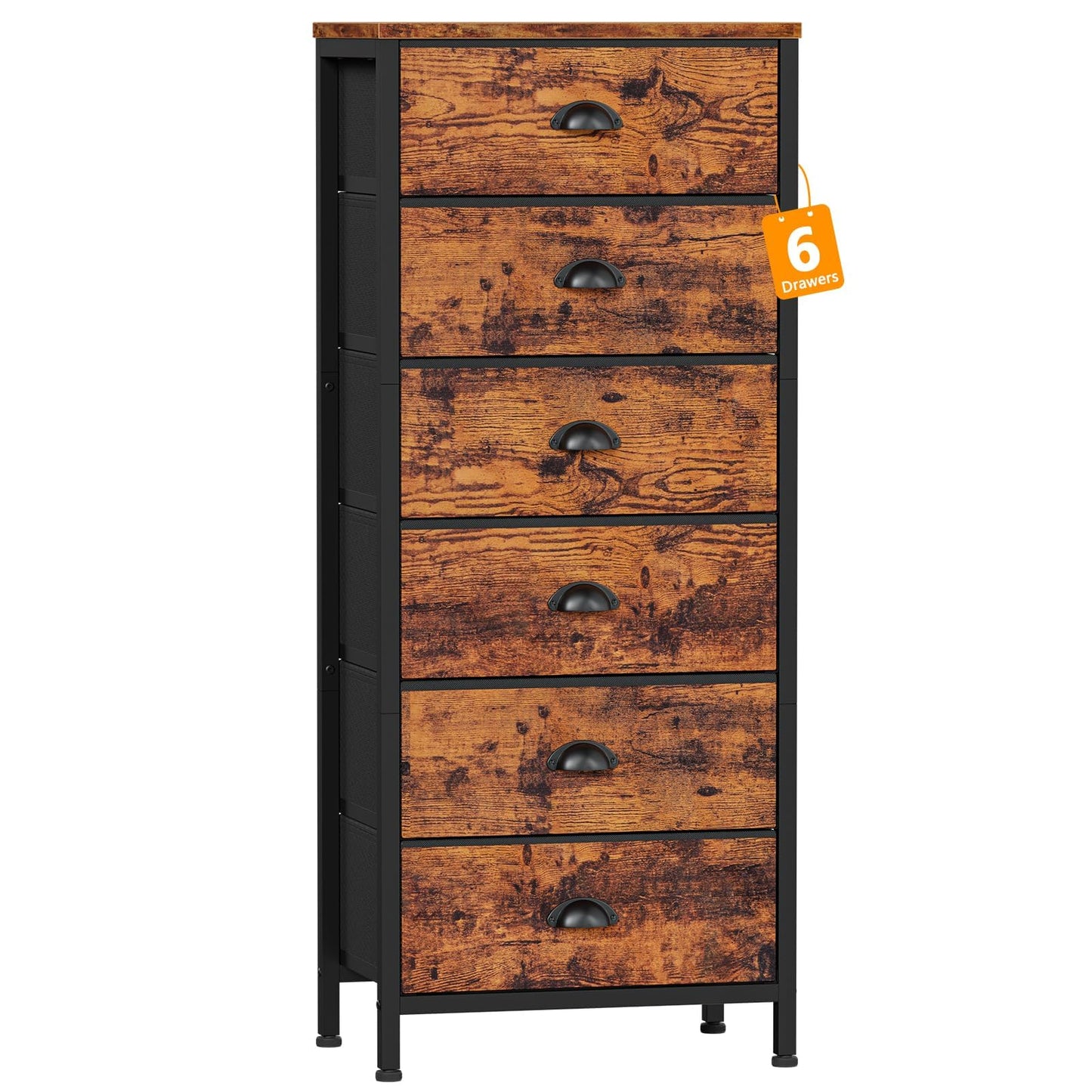 Furnulem Tall Dresser with 6 Drawers,Vertical End Table and Nightstand for Bedroom,Industrial Dorm Bedside Furniture with Fabric Storage Drawer Organizer in Living Room,Closet,Entryway(Rustic Brown)