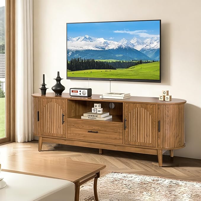 Mxtxmy 63" Fluted TV Stand for Tvs up to 70", Mid-Century Modern Entertainment