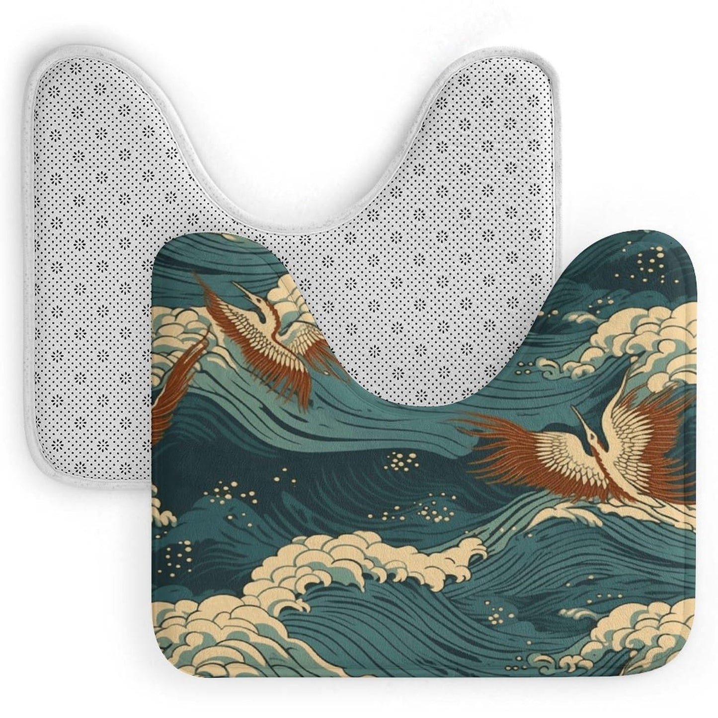 VstaDank Japan Wave Wallpapers Toilet Rug U-Shaped Toilet Bath Mat Extra Soft Absorbent Contour Bathroom Rug Plush Ultra Thin Toilet Mat Non-Slip Bath Mat for Guest Room Bathroom 16x20