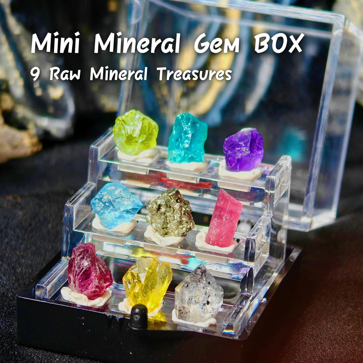 9 Rare Natural Gemstone Collection Gift Box-Peridot, Apatite & 7 Exquisite Minerals-Square Acrylic Tiered Display Case - Ideal Birthday & Christmas Gifts for Mineral Enthusiasts,Geography Enthusiast