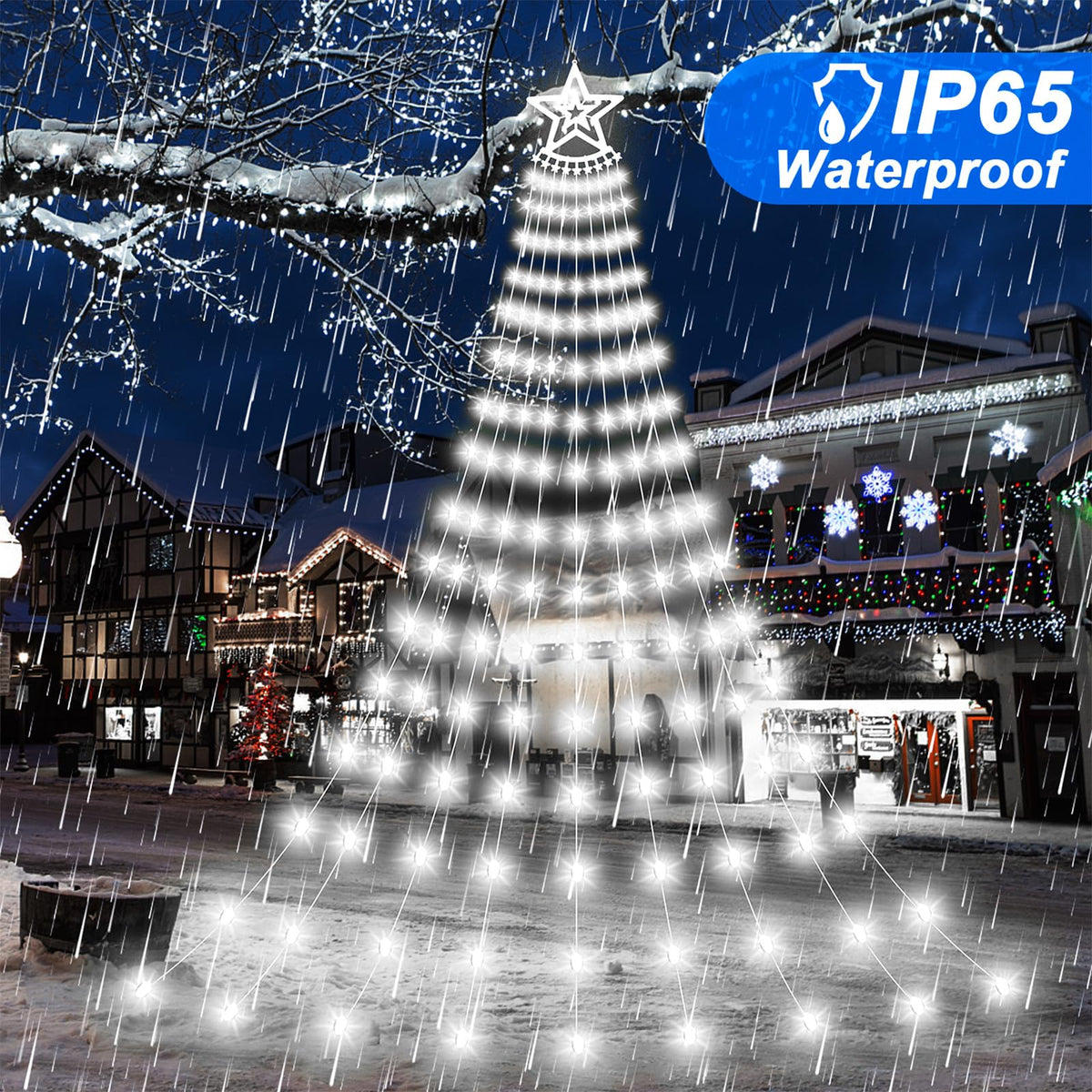 Christmas Solar Decorations Star Lights Outdoor, 11.48ft 350LED Waterfall Tree Lights with 8 Modes Timer Remote String Lights USB Powered for Garden Yard Patio Home Holiday Party Decor, Pure White