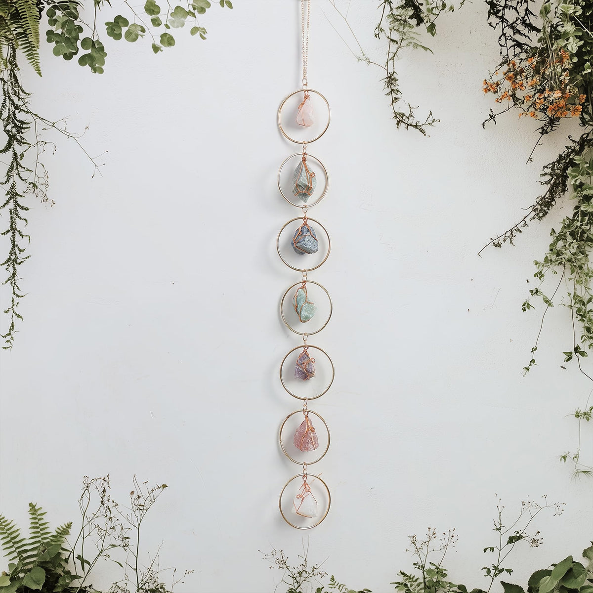 Natural Raw Crystal Wall Decor, Healing Chakra Gemstone Hanging Ornament, Raw Stone Hanging Decoration for Home Window Entryway Hallway Feng Shui Yoga Meditation Car Handmade Gift