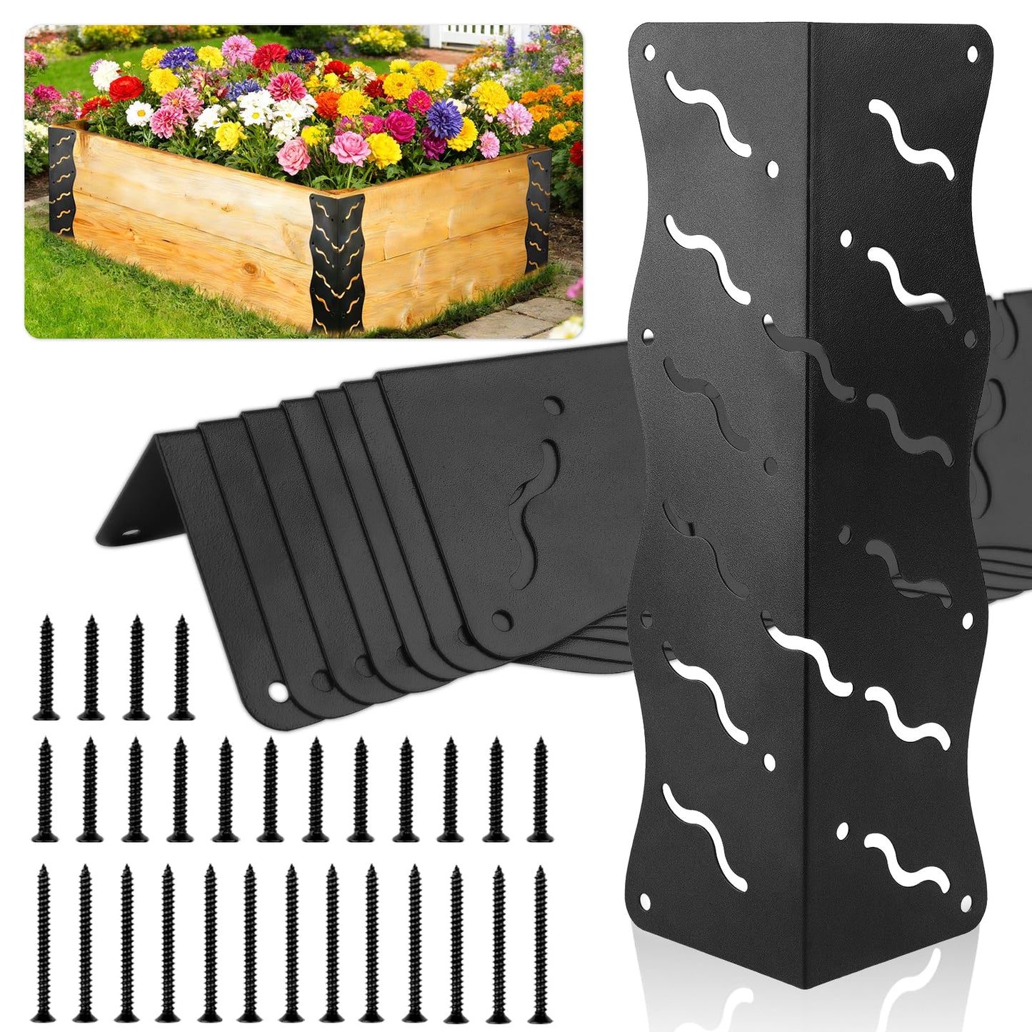 8-Pack Raised Garden Bed Corner Brackets, 11”x3”x3” Heavy Duty Metal Connectors for 20-24 Inch Flower Beds - Includes Long & Short Screws,Rust-Resistant L-Shaped Reinforced Edging