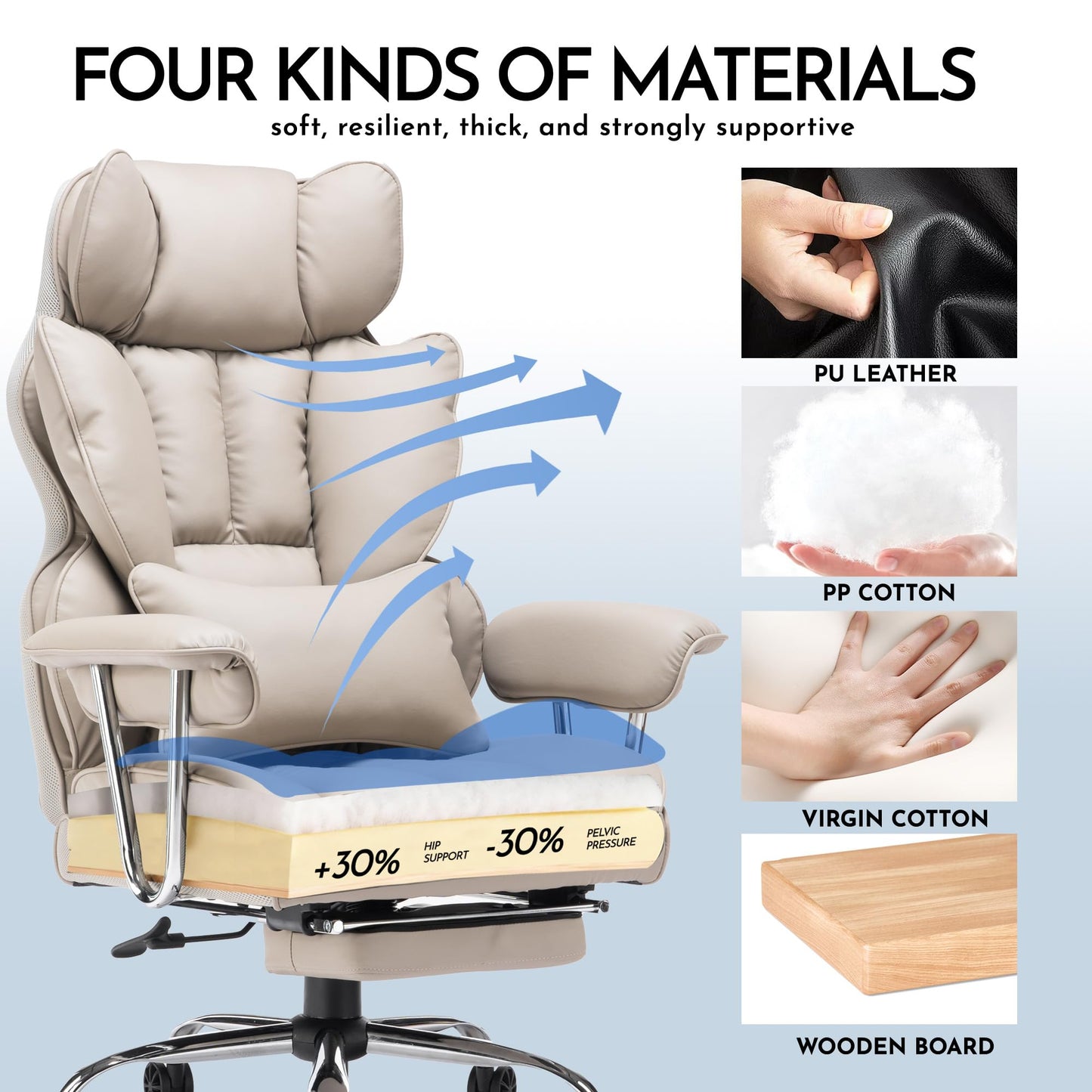 Efomao Big and Tall Office Chair 400lbs – PU Leather Executive Office Chair with Lumbar Support & Leg Rest, Heavy-Duty Computer Chair for Home Office, Grey