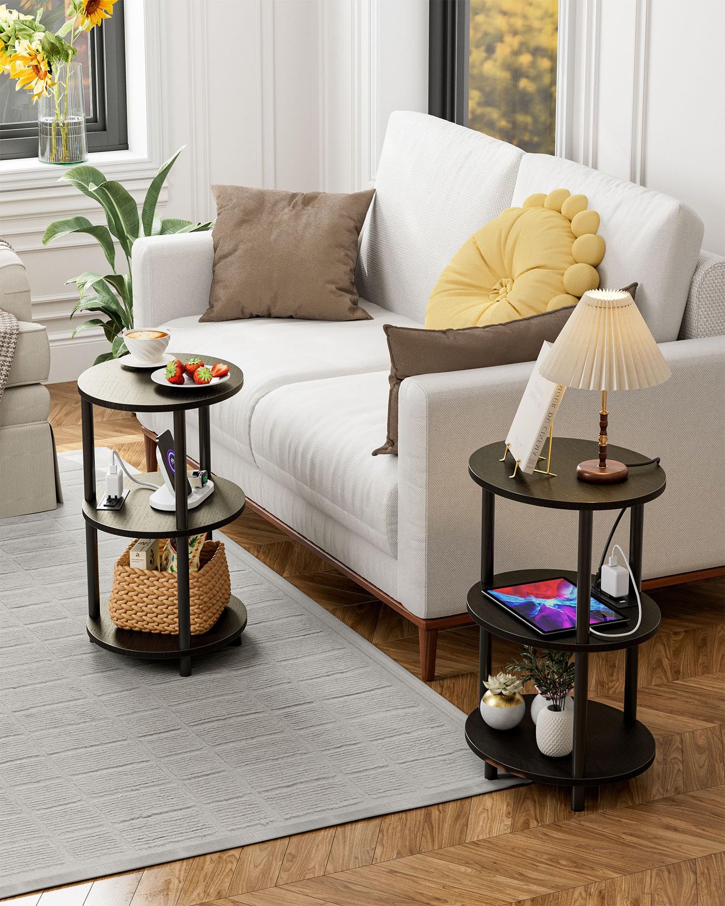 RISWER Small Round Side Table - 3-Tier Oval Accent Table for Small Spaces, Rustic Wood and Metal Nightstand for Living Room or Bedroom, Built-in USB Ports and Power Outlet, Charcoal Wenge