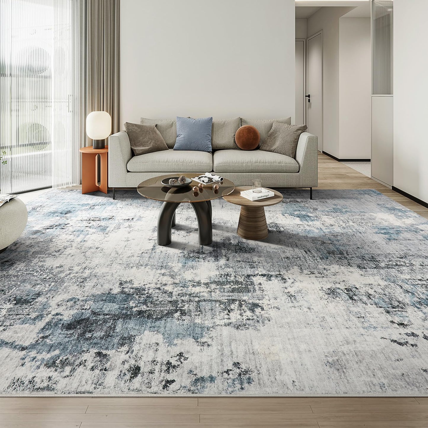 TARANCH Abstract 12x18 Area Rug: Machine Washable Non Slip Ultra Thin Low-Pile Carpet, Soft Stain Resistant for Living Room Bedroom Office, Kid Pet Friendly, Robot Vacuum Compatible - Grey Blue