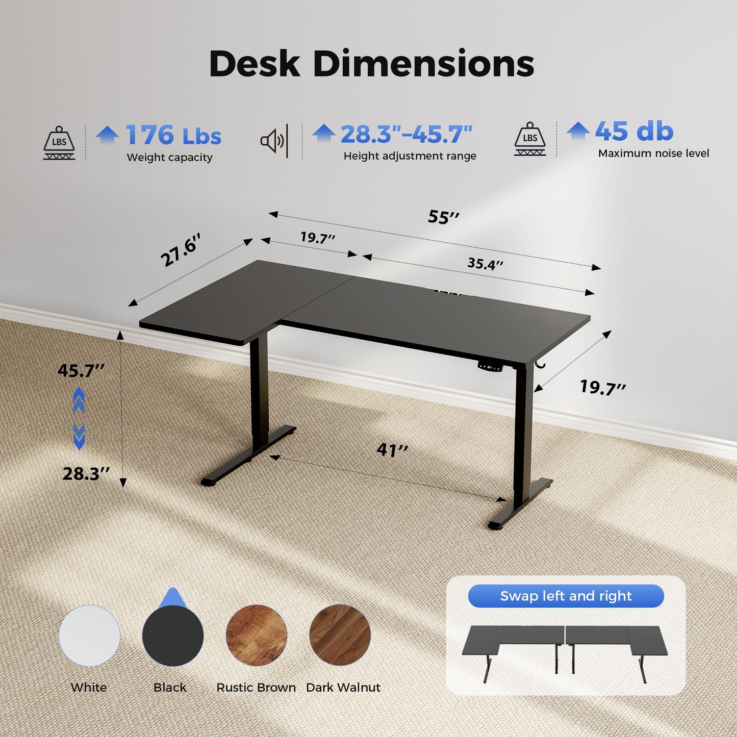 Agilestic 55 Inch Reversible L Shaped Standing Desk, Electric Height Adjustable Desk with Memory Preset, Sit Stand Up Computer Workstation for Home Office, Splice Board, Black