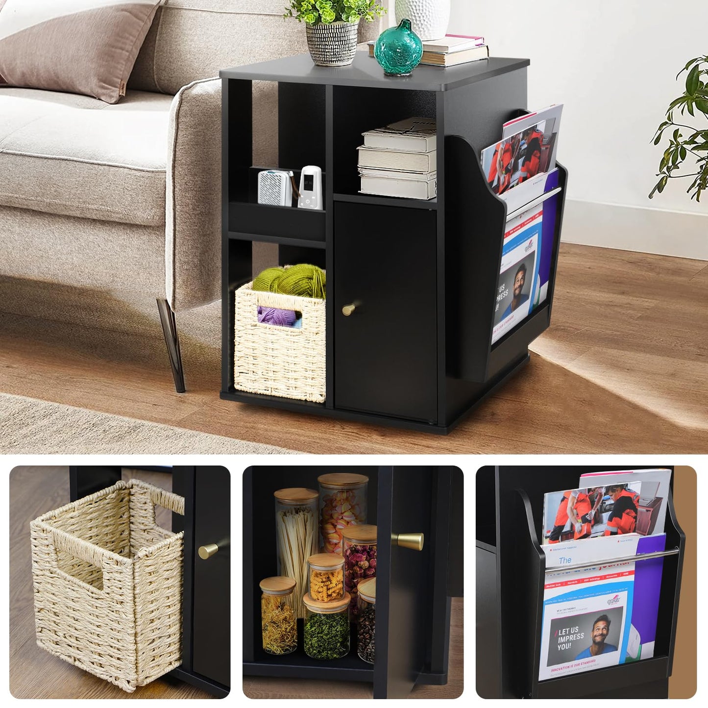 TooCust Rotating End Table with Storage, Square Rotating Side Table Living Room, Side Table with Magazine Holder, Basket and Cabinet, Swivel End Table with Multiple Storage (Black)