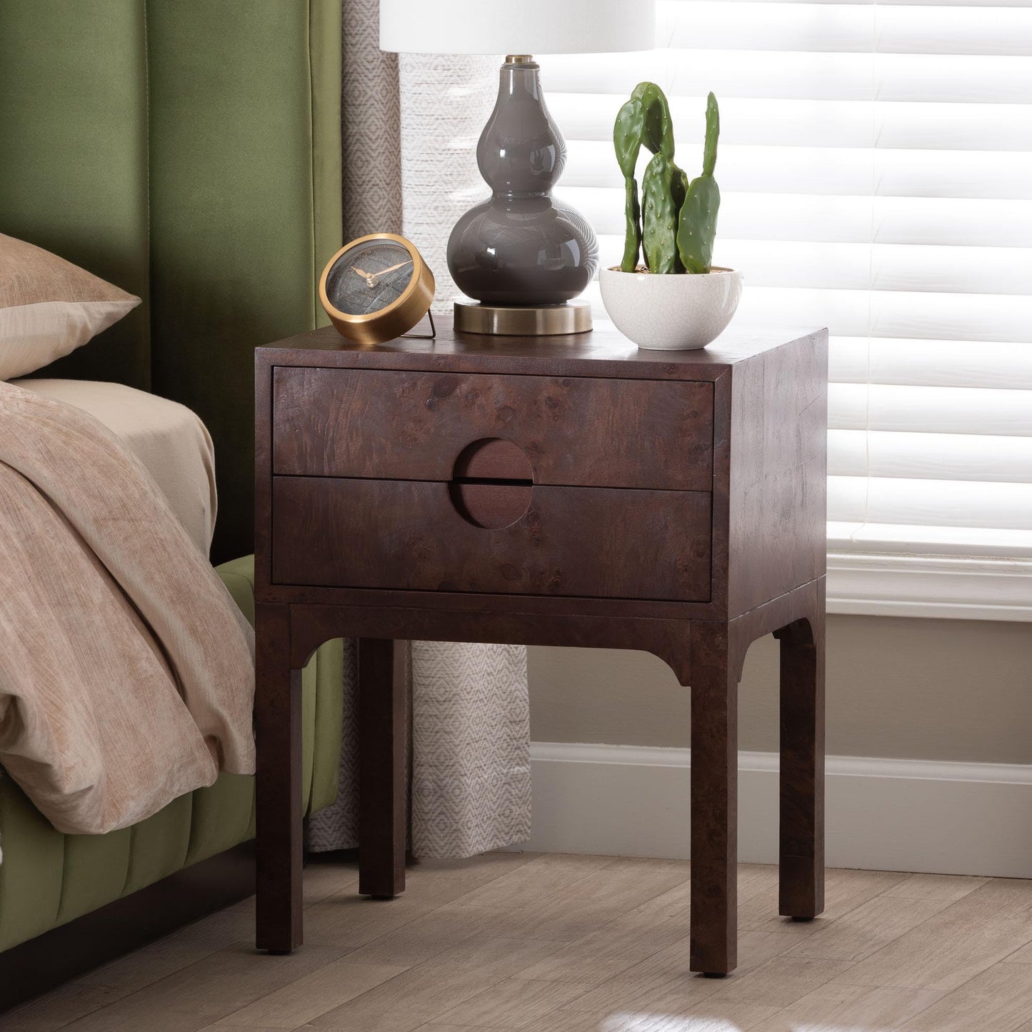 Bali & pari Kayla Real Burl Wood Nightstand in Dark Walnut Brown - Modern Bedside Table with Two Drawers and Cutout Handle Design