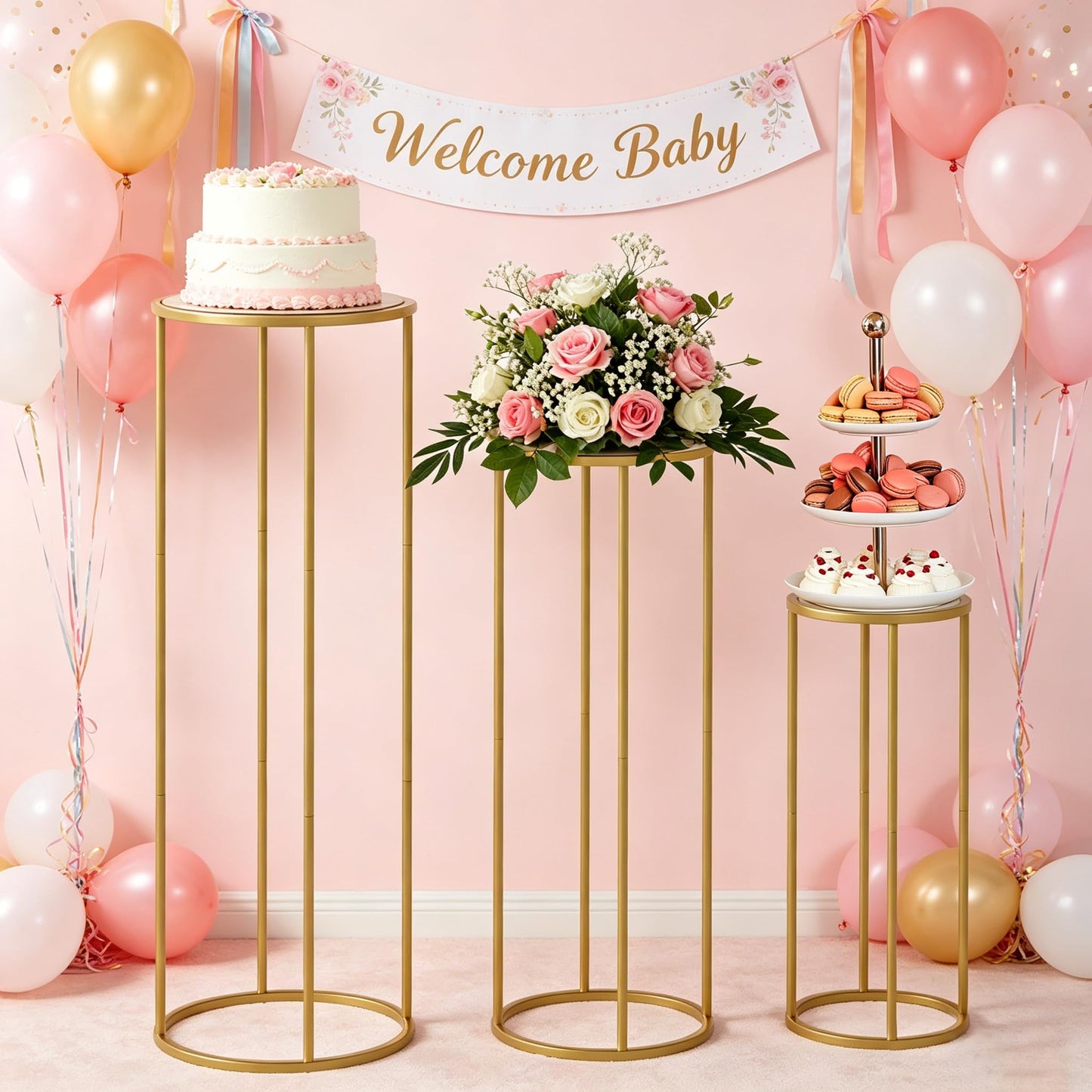 Urban Deco 3Pcs Cylinder Stands for Party, Round Pedestal Stand for Parties with Removable Acrylic Tops, Gold Metal Cake Stands, Cilindros para Fiestas for Birthday Party Wedding Baby Shower Decor