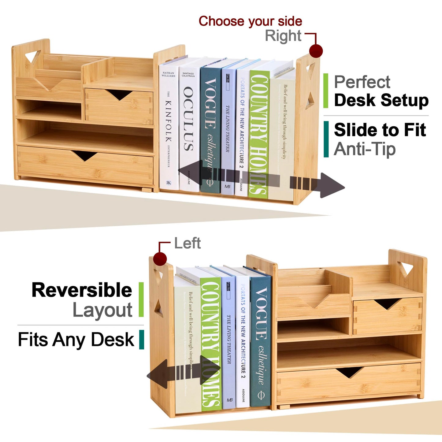 Pandorama Bamboo Desk Organizer Medium - Drawers & Adjustable File Holder, Fully Assembled Wood Desktop Storage for Kitchen, Bedroom, Bathroom, Study Room