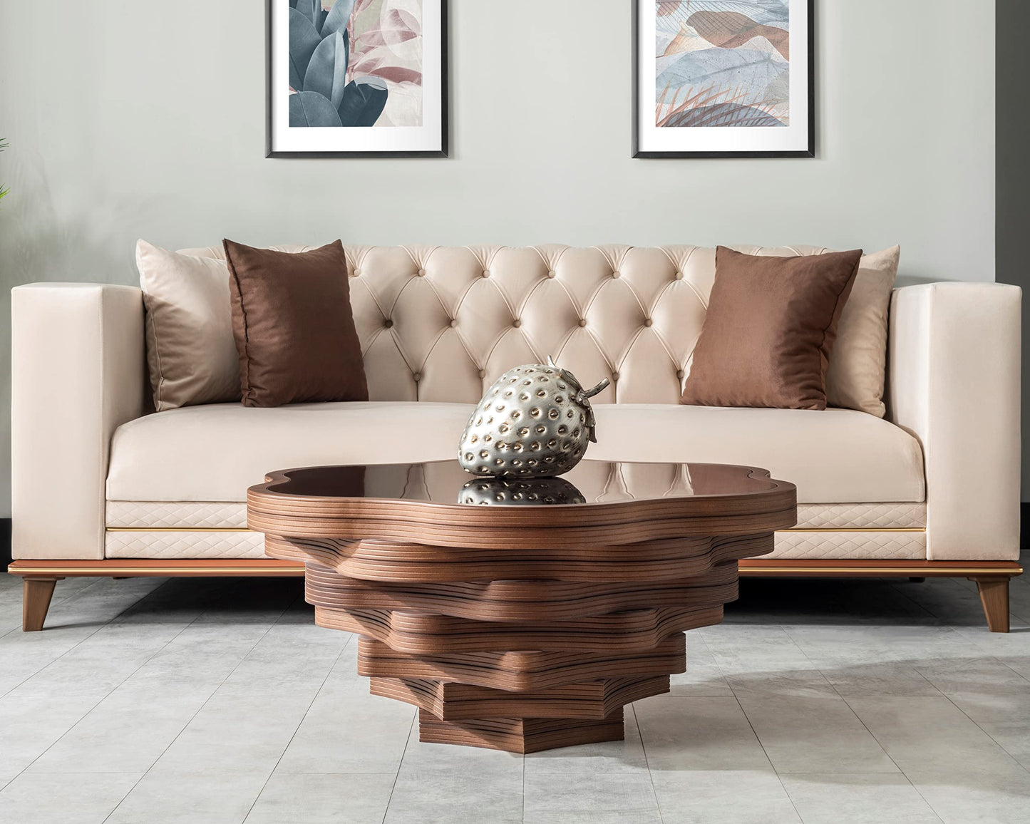 Papella Organic Round Coffee Table – Wavy Walnut Wood Base with Tempered Glass – Artistic Center Table for Modern Interiors, Studio & Office Furniture, Daisy Model