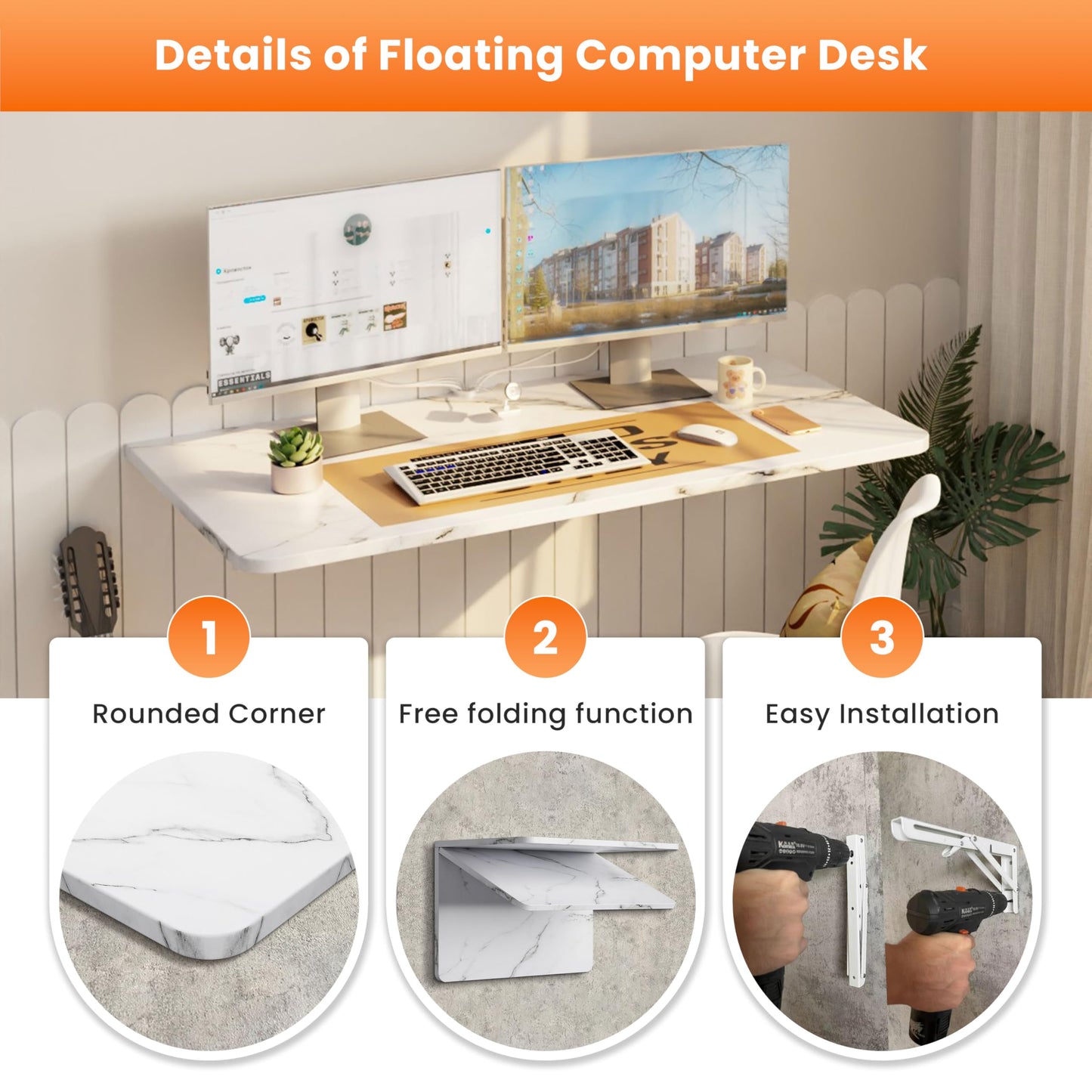 IAE Wall Mounted Floating Foldable Desk, 36" x 22" Folding Computer Workstation Table with Engineered Wood and Metal Shelf Brackets,Fold&Floating Design for Home Office, Apartment,Laundry Room, White