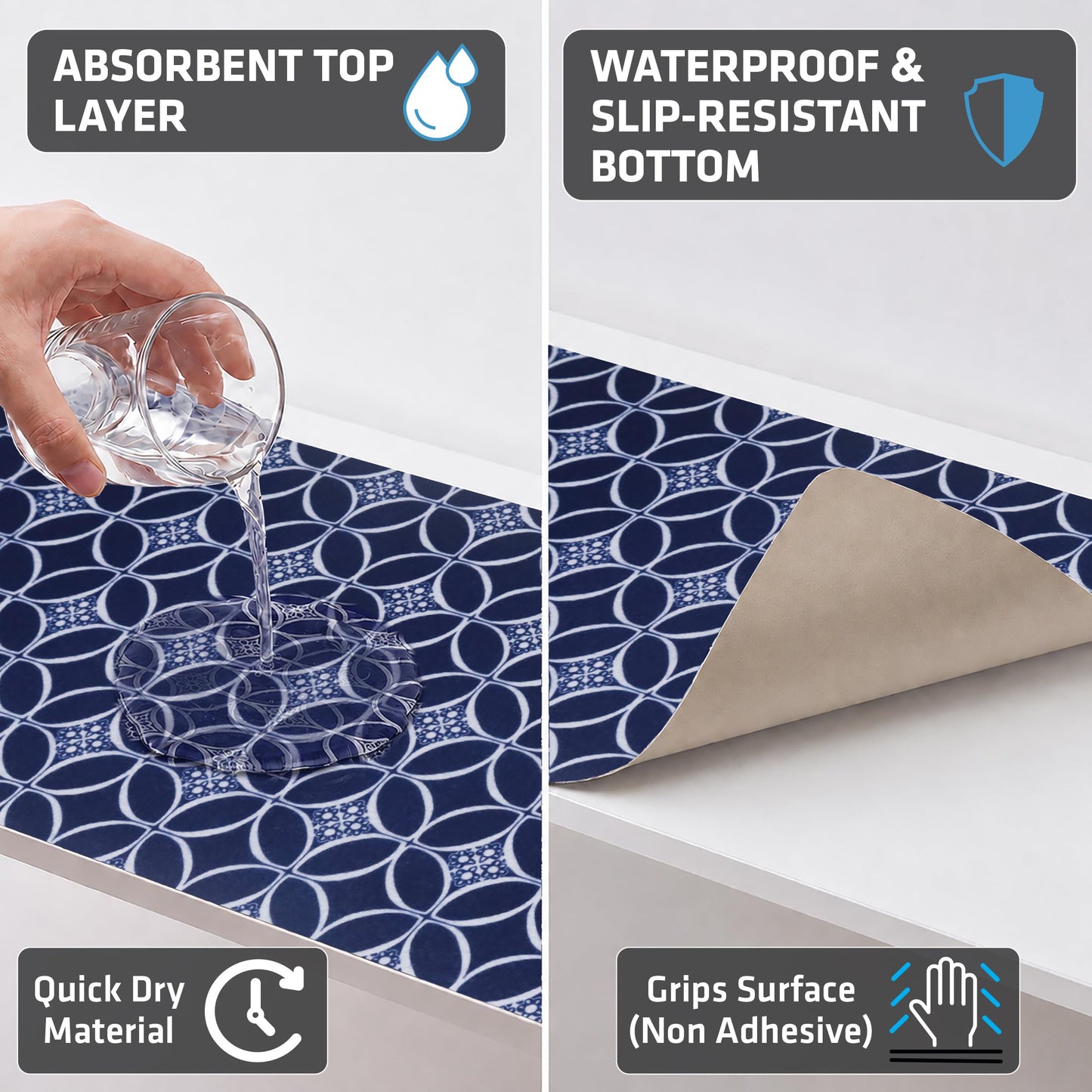 Drymate Premium Luxury Shelf & Drawer Liner, Thick Cushioned Fabric, Non-Adhesive, Absorbent, Waterproof, Slip-Resistant, Liners for Kitchen Cabinets, Cupboards (USA Made)(12”x59”)(2-Pack)(Indigo)