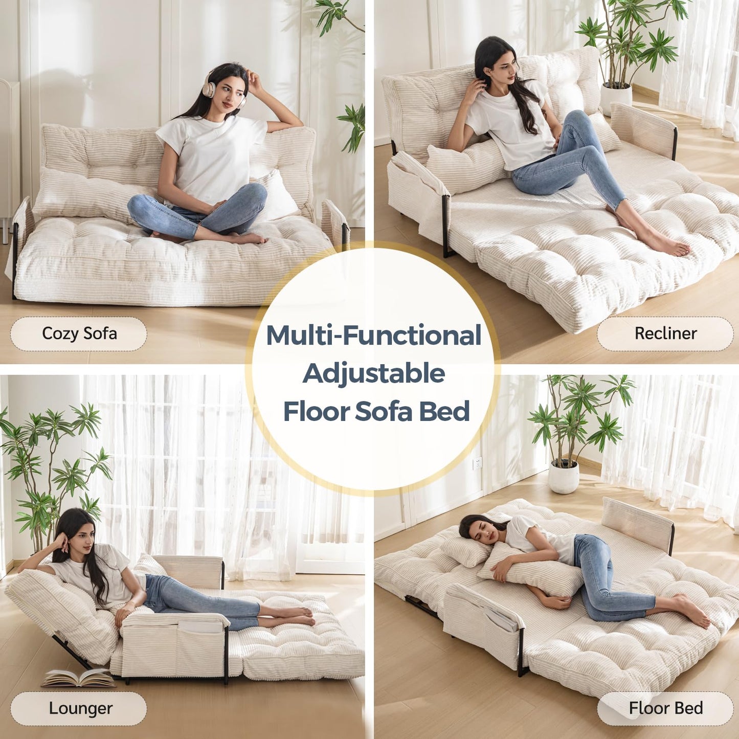MAXYOYO Adjustable Floor Sofa Couch, Multi-Functional Bean Bag Bed, Loveseat Floor Couch Foldable Lazy Sofa Bed for Reading Living Room, Beige