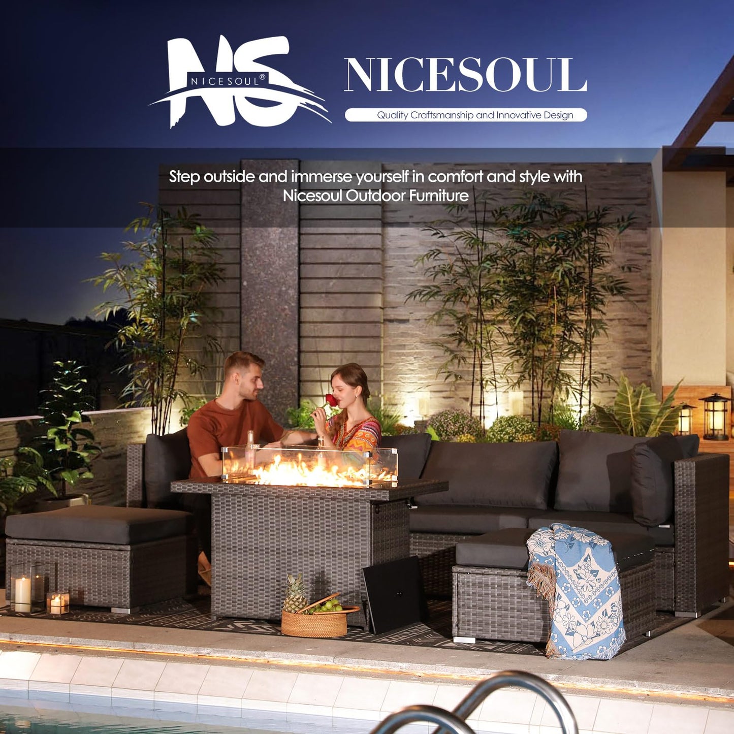 NICESOUL 29.3" High-Back Modern Luxury Patio Armless Sofa, 2-Piece Outdoor Furniture Wide Deep Seat, All-Weather Wicker Modular Sectional Seating for Backyard, Deck, Porch, Dark Grey