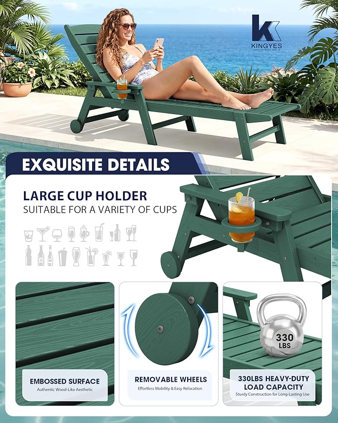 KINGYES HDPE Lounge Chair Outdoor Set of 4, Patio Chaise Lounge Recliner