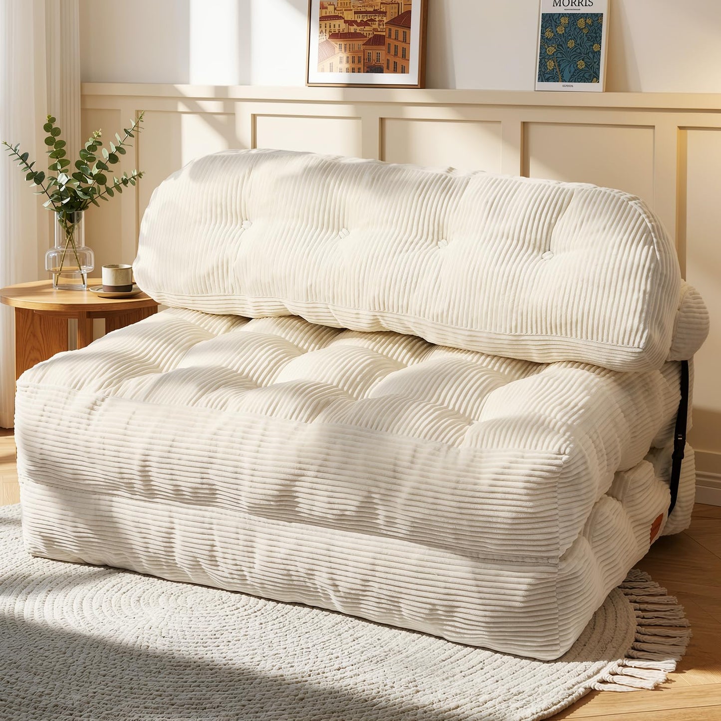 Vellorise Folding Sofa Bed, Convertible Sleeper Chair with Back Support and Pillow Futon, Boneless Matress, for Living Room/Guest Use/Home Office, Foldable Chair Bed for Adults, Beige, Full