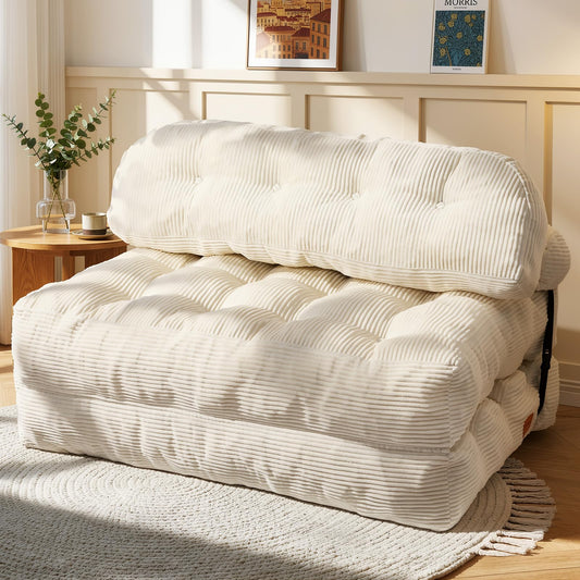 Vellorise Folding Sofa Bed, Convertible Sleeper Chair with Back Support and Pillow Futon, Boneless Matress, for Living Room/Guest Use/Home Office, Foldable Chair Bed for Adults, Beige, Full