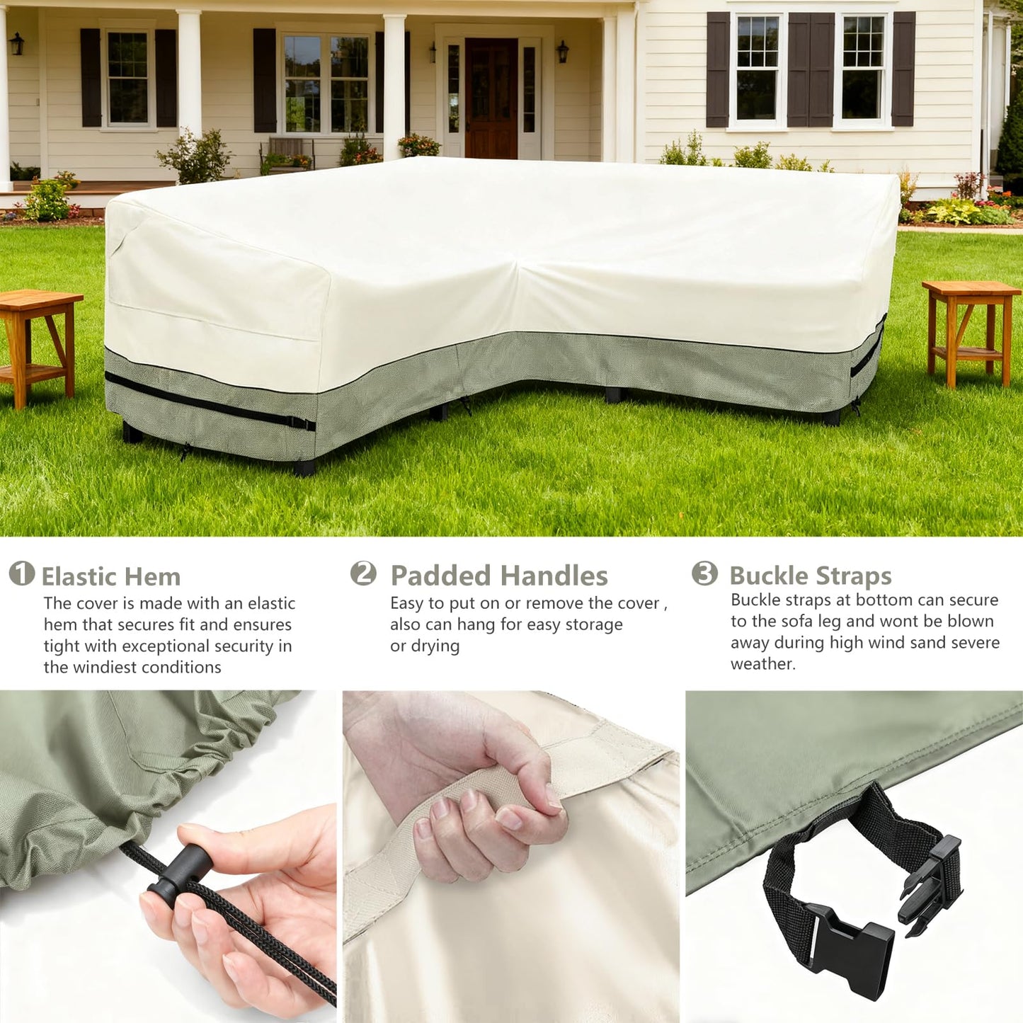 okcool Outdoor Sectional Cover,V Shaped Patio Furniture Covers for 5-Seater Outdoor Sectional Furniture Couch 85"(85''L) x 33.5''D x 31''H,White&Grayish Green