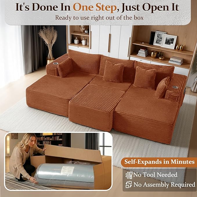 108" Cloud Sectional Couch, Comfort Sleep Sofa