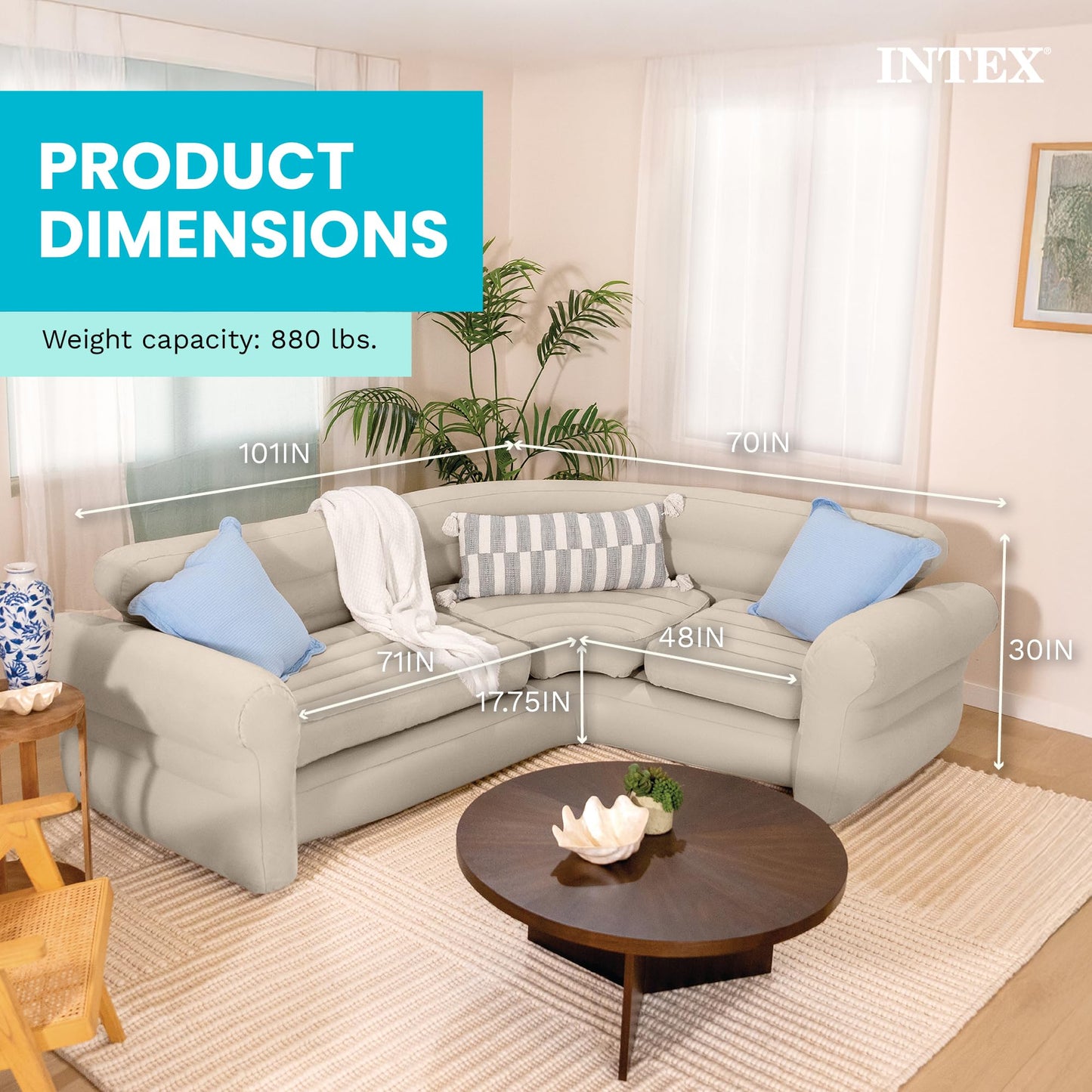 Intex Inflatable Corner Sofa, L-Shaped Couch with 880 lb. Weight Capacity, 2-in-1 Valve for Easy Indoor Setup, 101" x 80" x 30”