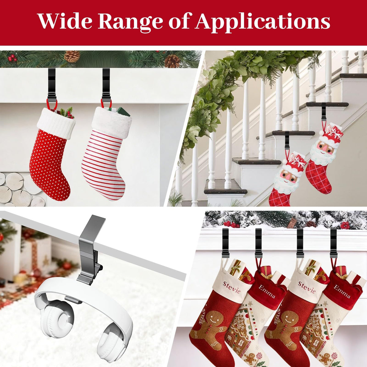 4-Pack Christmas Mantel Stocking and Wreath Hangers, 2 in 1 Mantel Wreath Holder for Hanging Christmas Stockings, No Drilling Required, Adjustable Thickness Wreath and Stocking Holder,Fold(Gray)