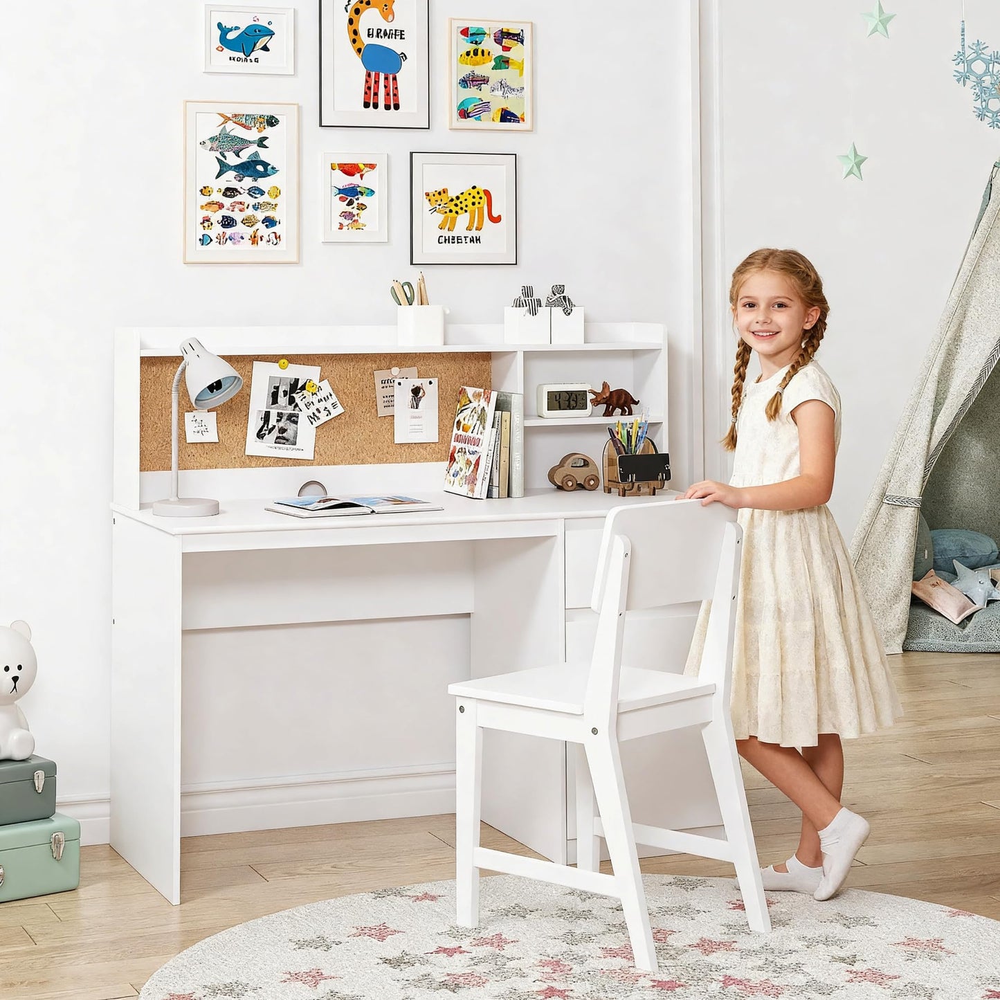 UTEX Kids Study Desk with Chair, Kids Desk and Chair Sets with Hutch for 5-12, Wooden Children Study Table, Student Writing Table Computer Workstation