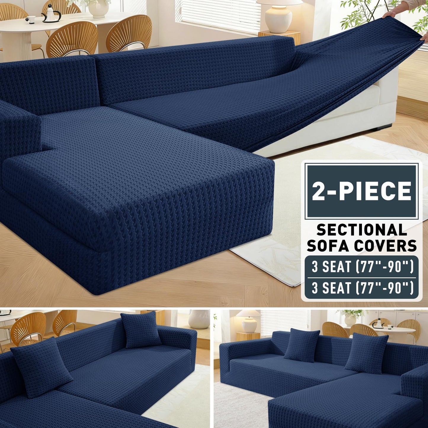 ZNSAYOTX Stretch Sectional Couch Covers New-Houndstooth Texture, Thick Slipcovers with Elastic Bottom for L Shape Sectional Sofa, 2 Pcs Pet Friendly Universal Protector (Sofa or Chaise), Navy Blue