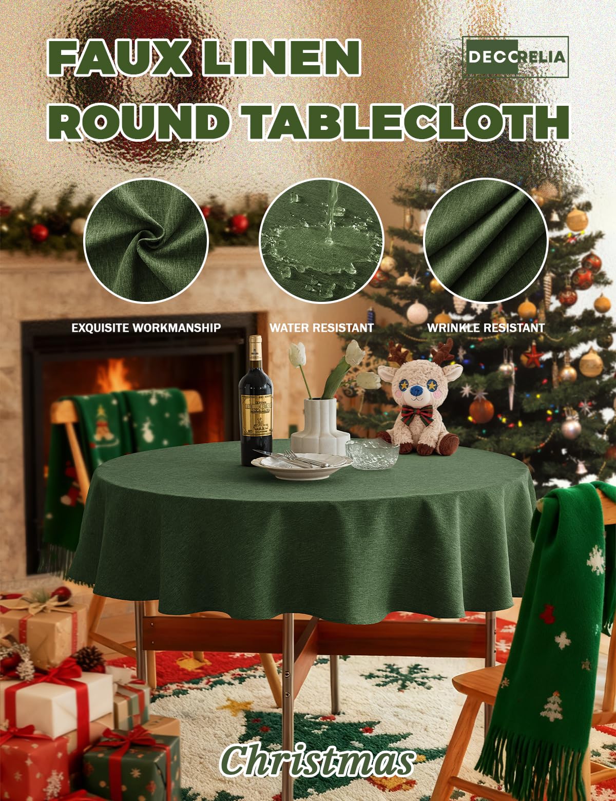 Decorelia Christmas Faux Linen Round Tablecloth, Decorative Fabric Waterproof Texture Farmhouse Table Cloth Cover for Dining Kitchen Party Indoor Outdoor Use (60 Inch, Round (2-4 Seats), Dark Green)