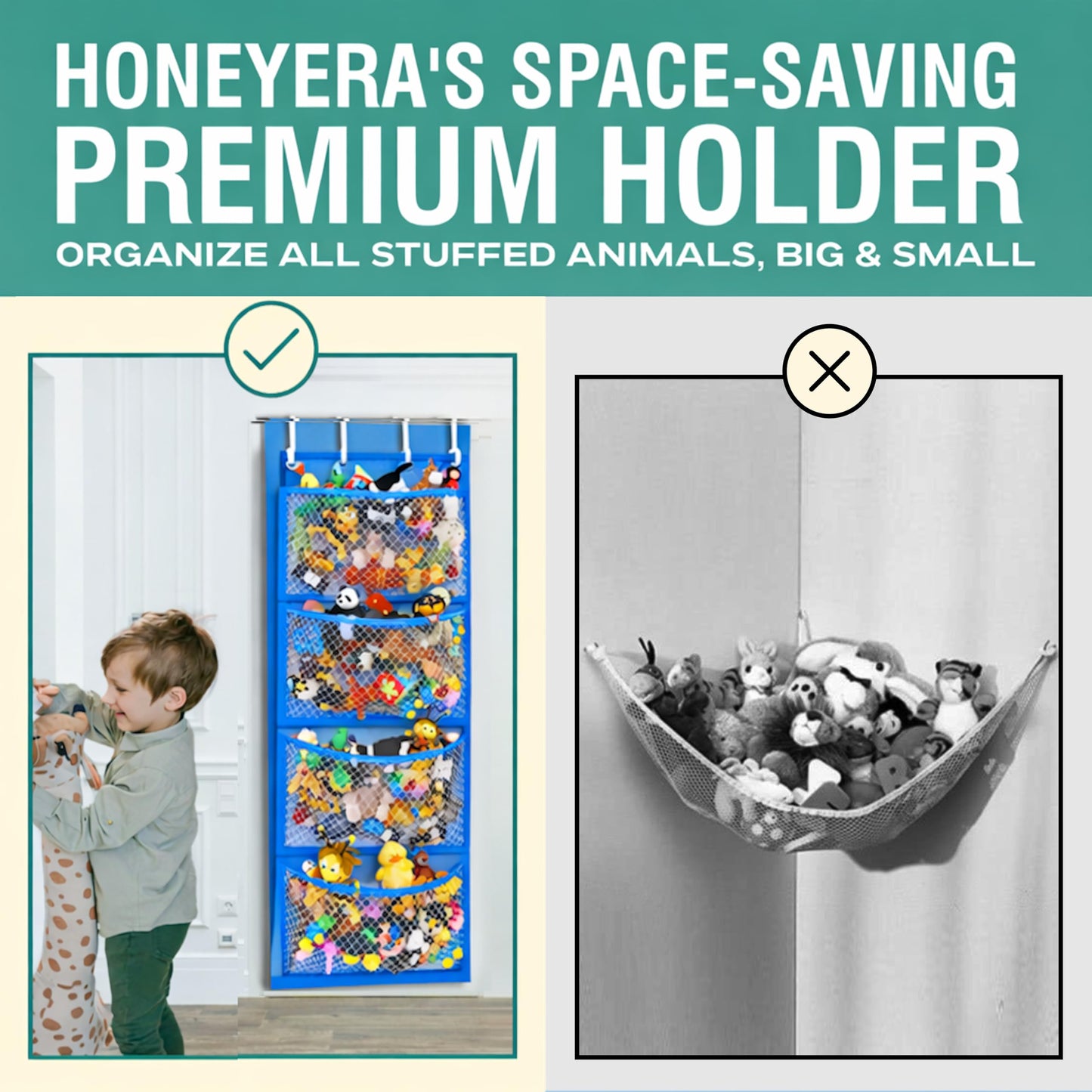 Honeyera Storage for Stuffed Animal - Over Door Organizer for Stuffies, Baby Accessories, and Toy Plush/Easy Installation with Breathable Hanging Pockets