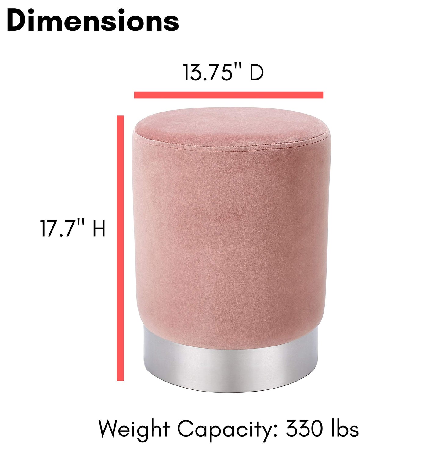 BIRDROCK HOME Round Ottoman Foot Stool – Modern Soft Padded Velvet Vanity Chair with Silver Metal Trim – Accent Chair or Foot Rest for Living Room, Bedroom, or Dressing Room (Dusty Rose)