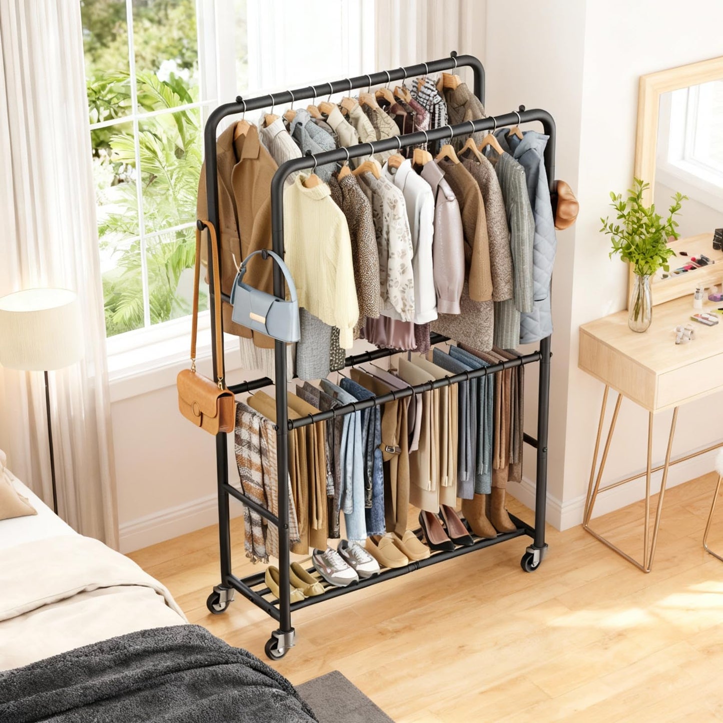 ZHKINGGS Clothes Rack - 4-Bar Double Rod Clothing Rack with 15 Pants Racks - Rolling Clothes Rack with Shelves - Portable Garment Rack for Bedroom Laundry Room Closet - Black