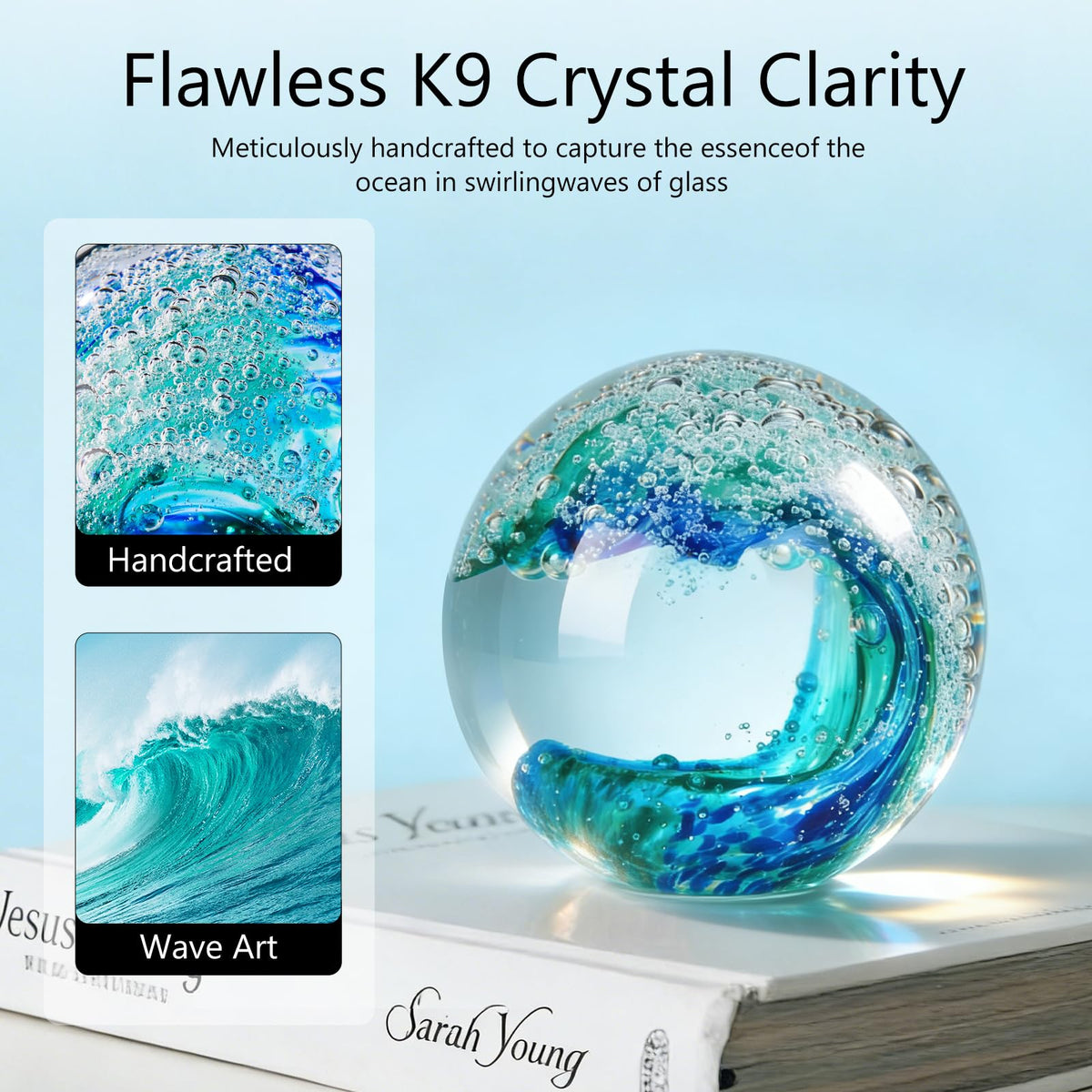 XLSJGYP Crystal Ball Blown sea Glass Art Ornament Collectible Blue Waves Paperweight Figurines Spere Statues for Home Office Decor a Gift for Ocean Lovers Perfect for Men Women (Blue-Crystal Ball)