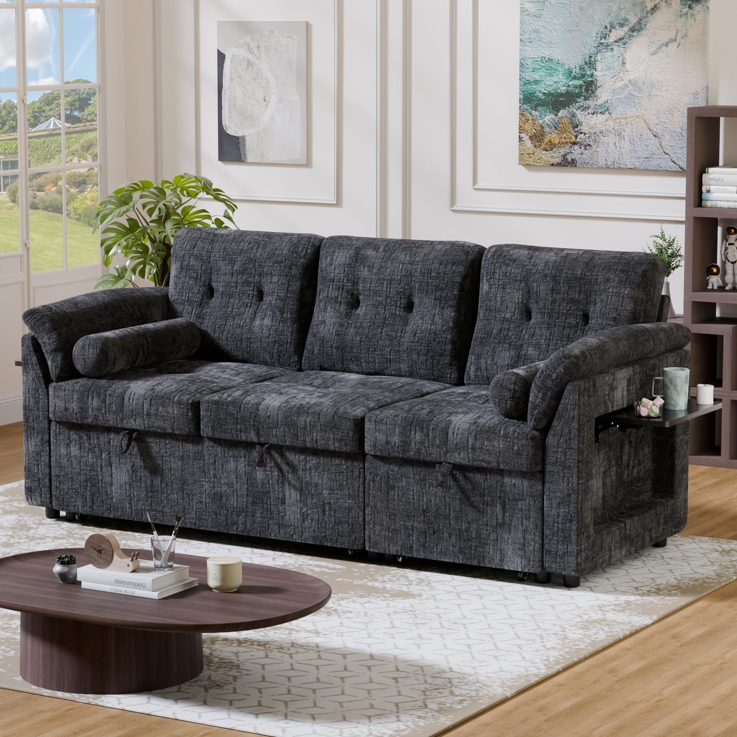 Trygoal Convertible Sleeper Sofa Bed, 63 Inch Chenille Pull Out Couch with Side Table & Adjustable Backrest, Sectional Sleeper Sofa with Pull Out Bed for Living Room, Apartment, Black