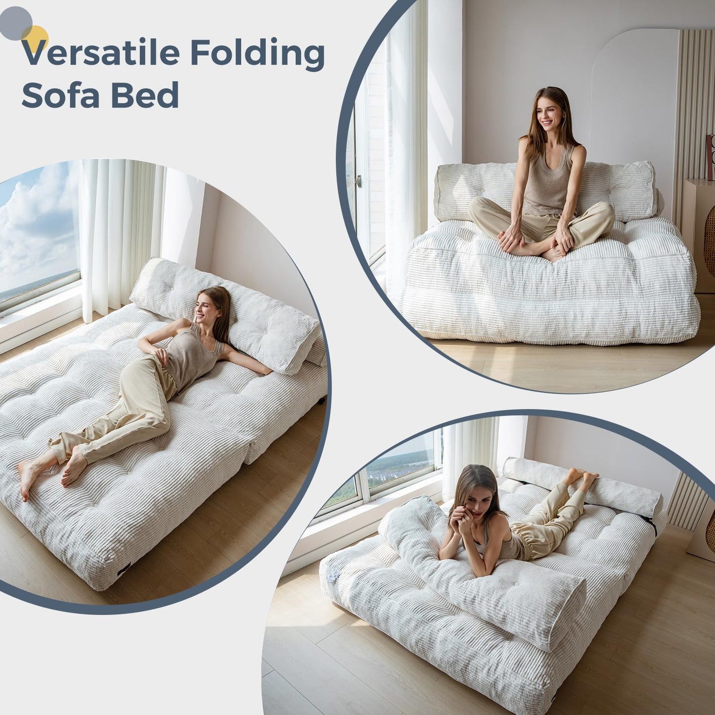 MAXYOYO Folding Sofa Bed, Convertible Chair with Pilow Foldable with Back Support, Portable Fold Out Chair Bed Comfy Floor Sofa Lounge for Living Room Bedroom, Beige, Double