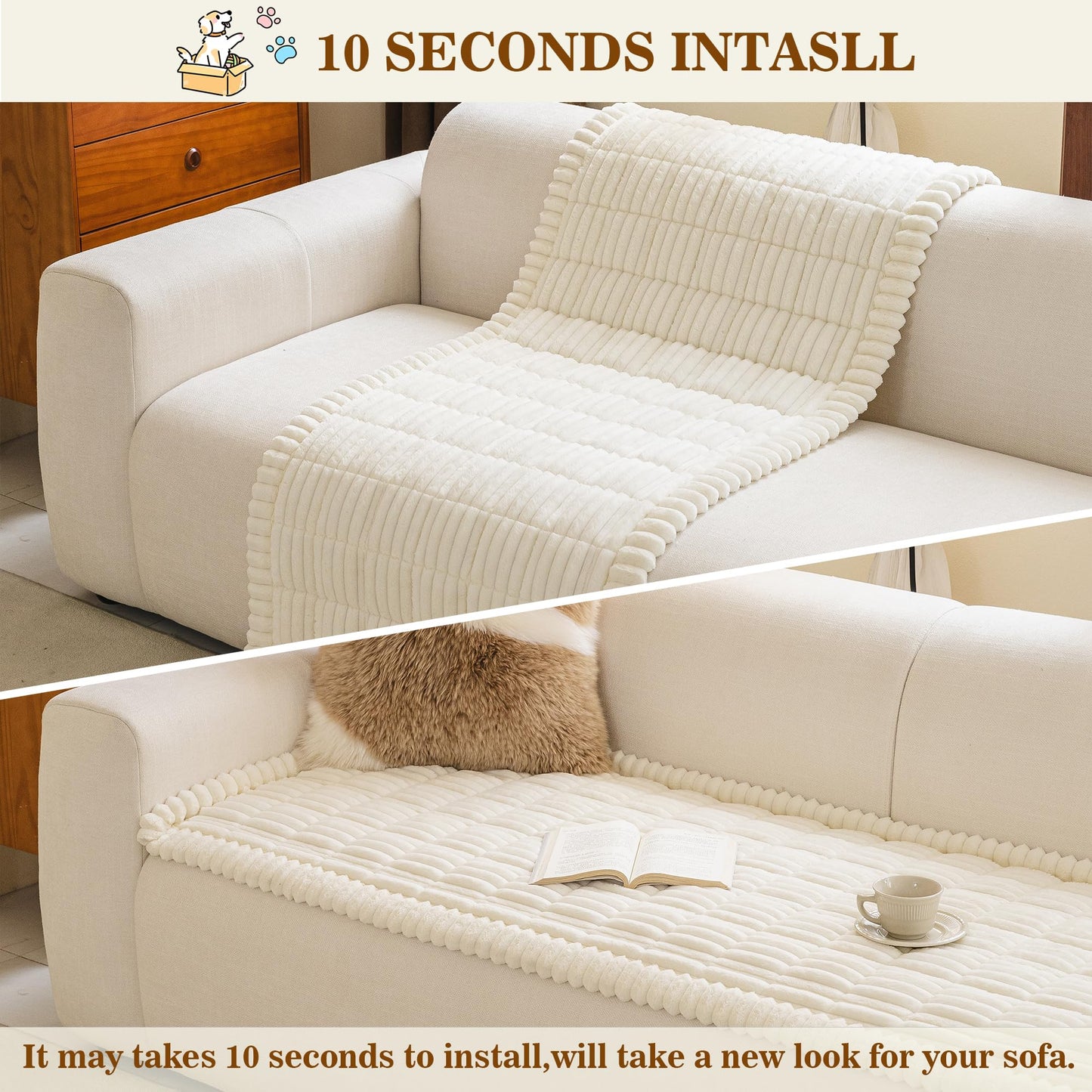 MYSKY HOME Couch Covers for Sofa, L Shaped Couch Cover, Couch Cover for Dogs, Sofa Covers for Pets Washable, Non Slip Sofa Slipcovers, Leather Sofa Cover Loveseat Couch Covers, Cream, 27.6" x 59"