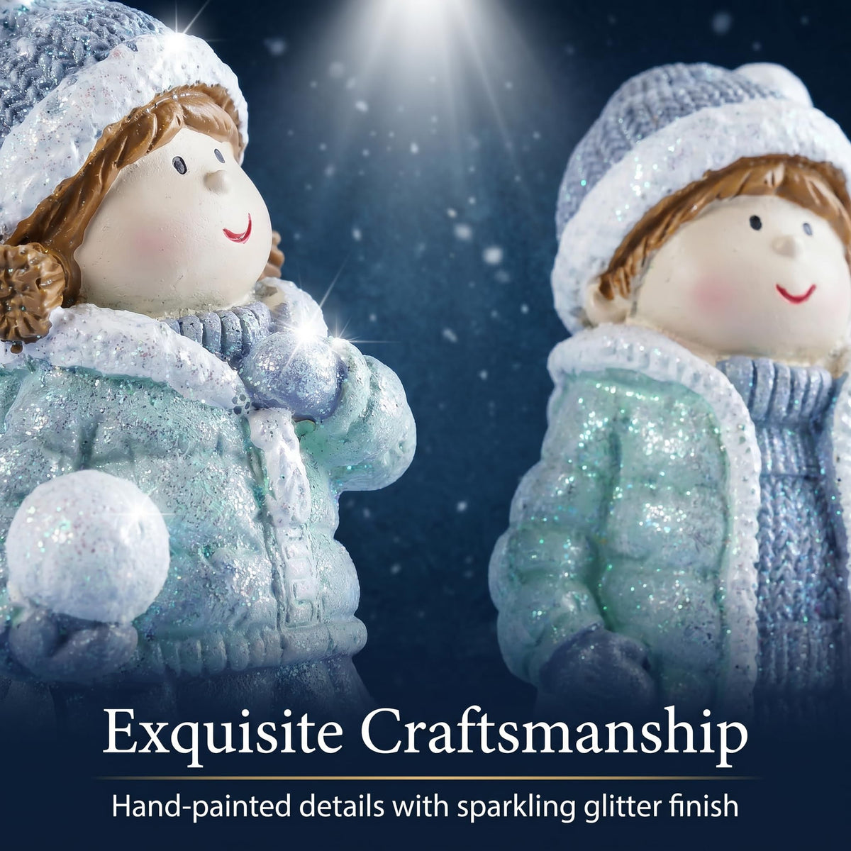 Brizoria Miniature People Figurines Set of 2 Glitter Resin Boy and Girl Winter Decorations for Home Indoor Tabletop Mantel Shelf Cute Christmas Home Decor Small Tiny People Figurines
