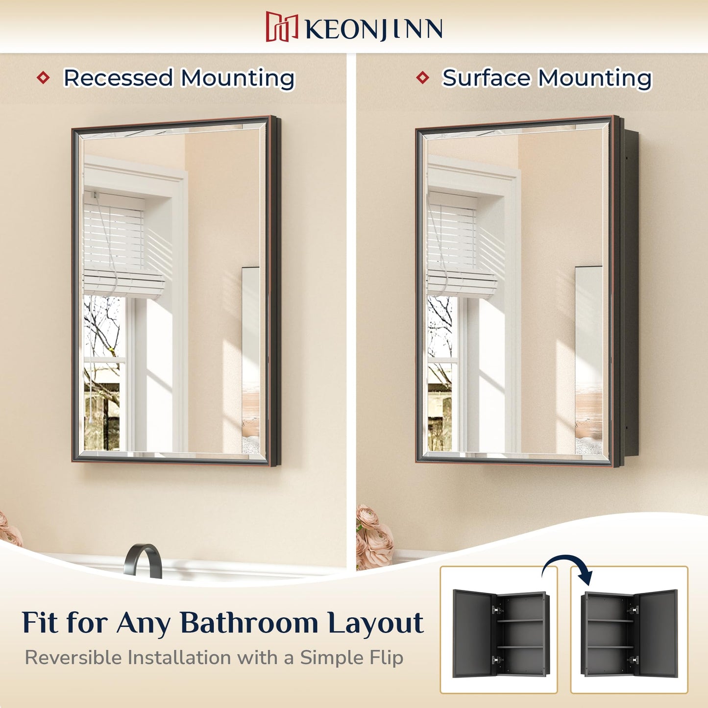 Keonjinn 20" x 26" Medicine Cabinets with Mirror for Bathroom, Oil Rubbed Bronze Bathroom Mirror with Storage, Fully Assembled, Recessed or Wall-Mounted Aluminum Alloy Framed Beveled Mirror