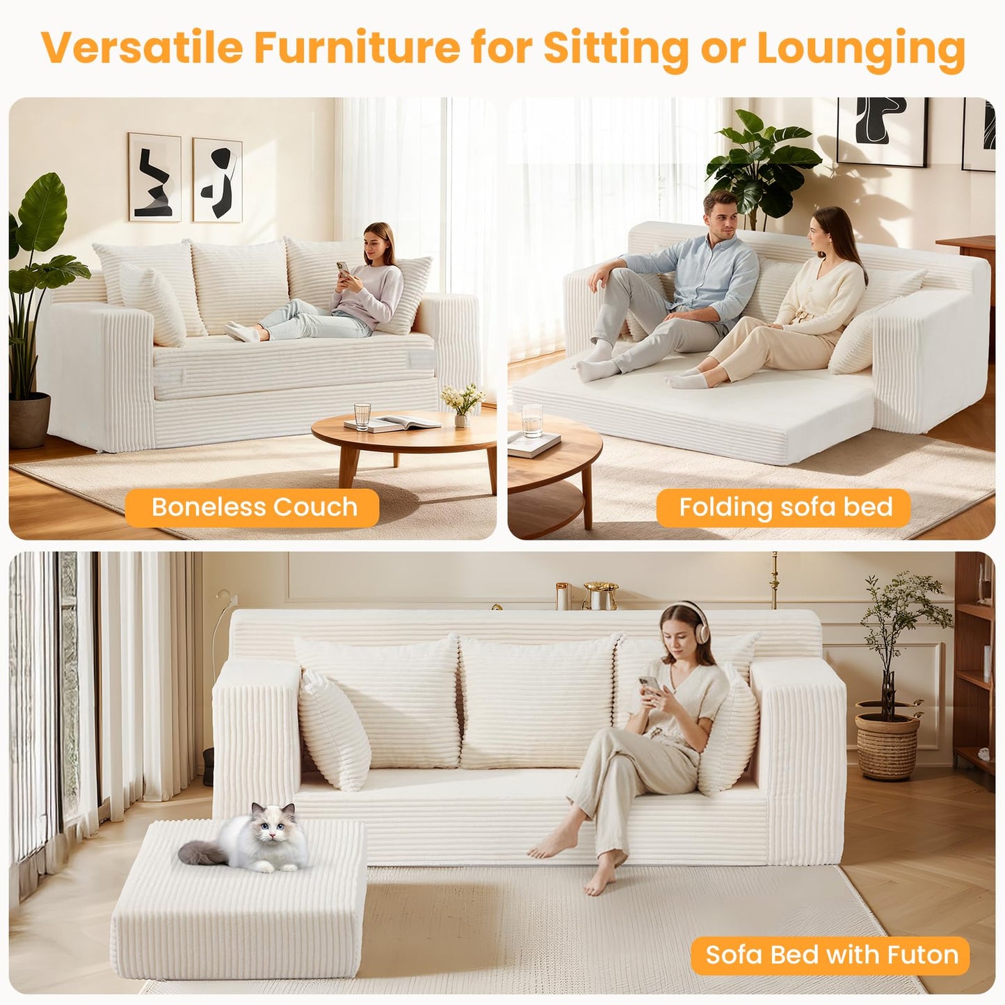 Winzoo Boneless Couch 70 inch, 3 Seater Couch with Pull Out Bed, Boneless Loveseat Oversize Beige Futon Couch Floor Bed with 5 Pillows for Living Room Bedroom Lounge Small Space