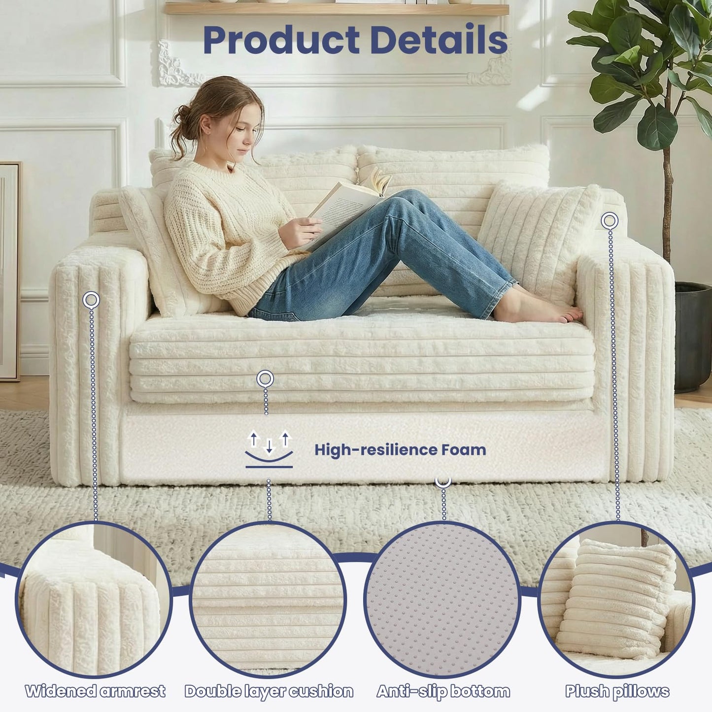 Winzoo 3-in-1 Convertible Sofa Bed: Boneless Loveseat Sleeper & Folding Couch Bed with 4 Pillows & Detachable Cushion,Furry Futon Couch for Bedroom,Apartment,Office and Living Room, No Assembly,Beige