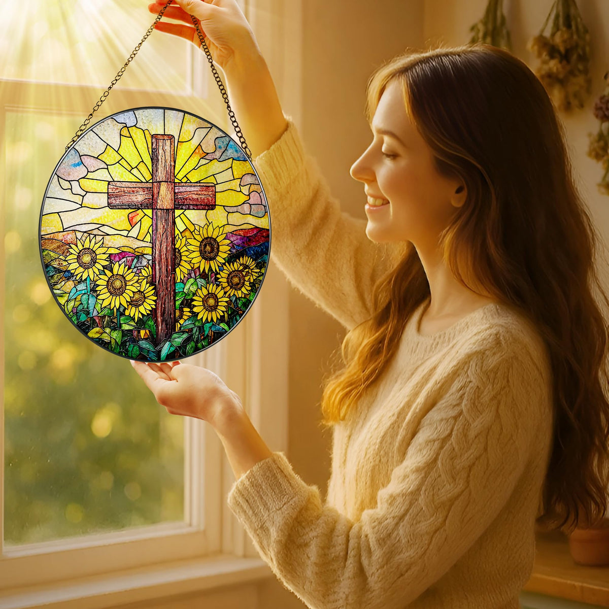 Stained Glass Suncatcher, Sunflower & Cross Sun Catcher Ornament; Stained Glass Window Hanging, Christmas Ornament, Christian Home Decor; Baptism Gift, Christian Gifts, Religious Gifts