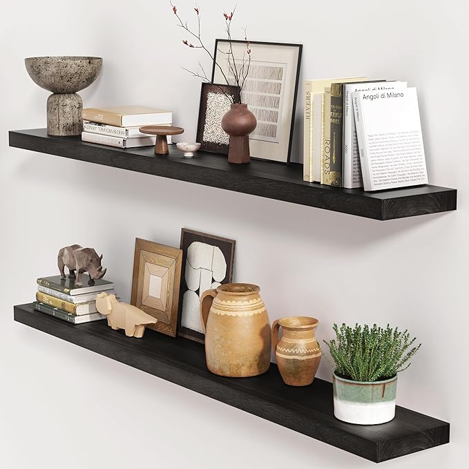 fuqing Black Floating Shelves 48 Inch, Solid Wood Wall Mounted Shelves Set of 2