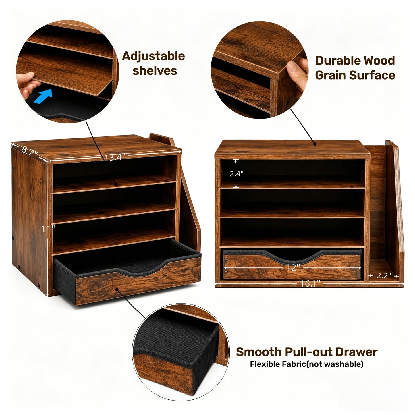 Gphudpzdl Wooden Desk Organizer with Drawers, 4 Tier Office Organizer and Accessories, Paper File Mail Organizer, Brown
